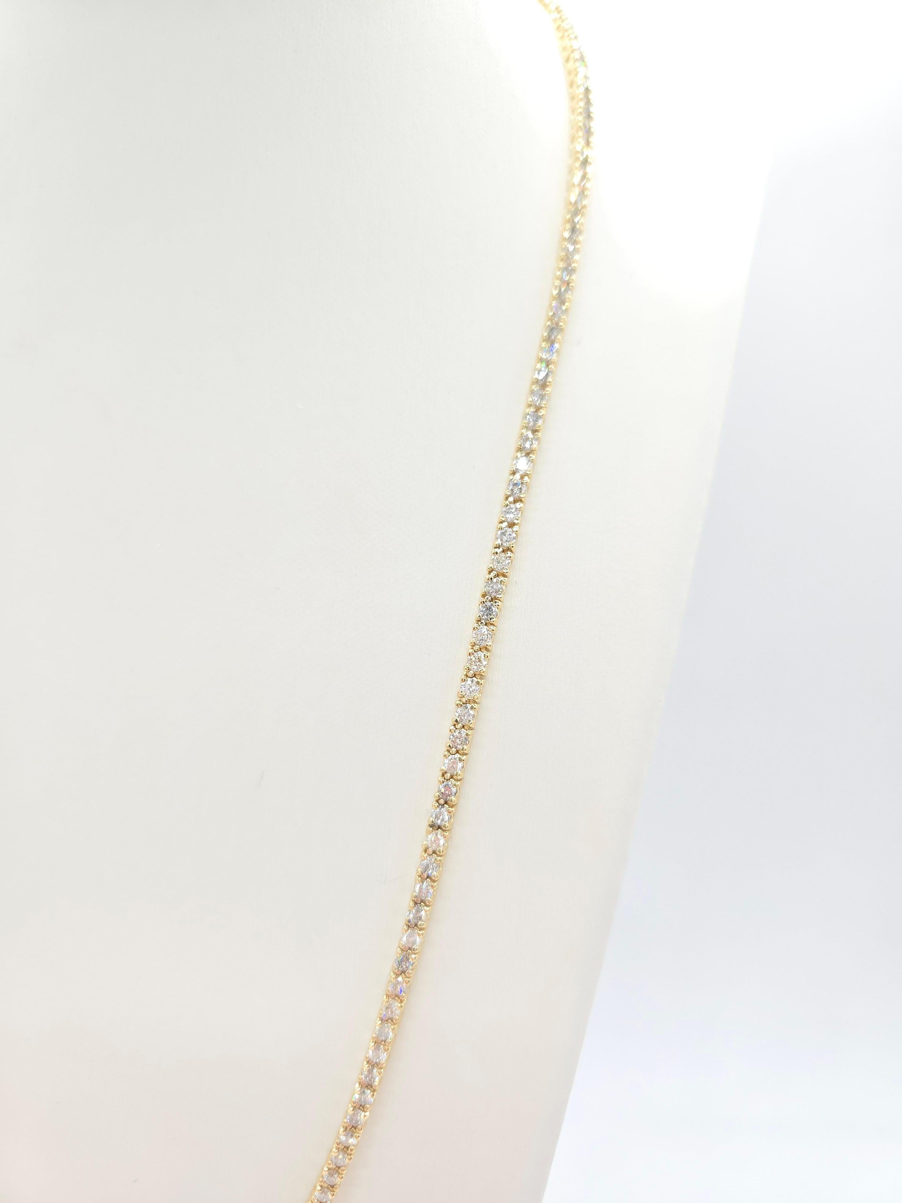 Women's or Men's 8.84 Carat Round Natural Diamond Tennis Necklace 14 Karat Yellow Gold 22''