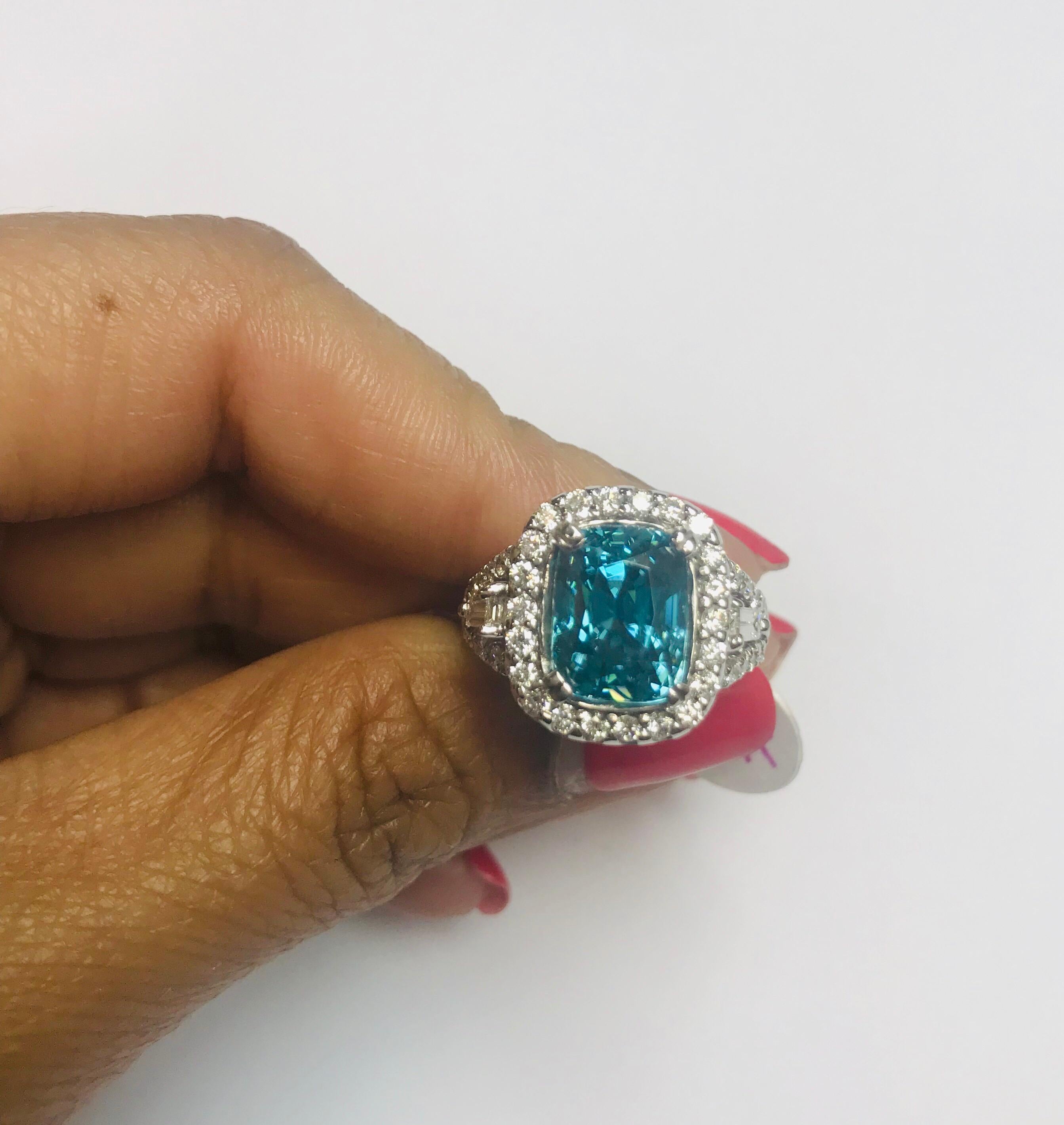 Modern 8.85 Carat Blue Zircon Diamond White Gold Ring