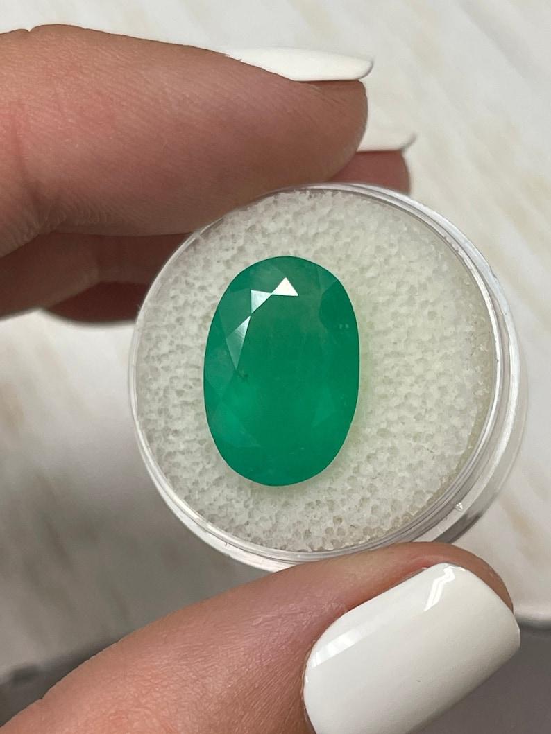 Stone: Emerald
Weight: 8.85-carats
Shape: Oval Cut
Clarity: Semi-Transparent
Luster: Very Good-Good
Color: Medium Green
Measurements: 16.65mm x 11.26mm x 8.14mm
Geographic Origin: Colombia
Treatment: Natural, Oiling

Comments: Due to their growth