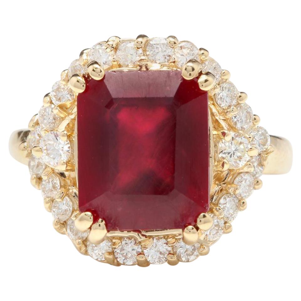 8.85 Carat Impressive Red Ruby and Natural Diamond 14 Karat Yellow Gold Ring For Sale