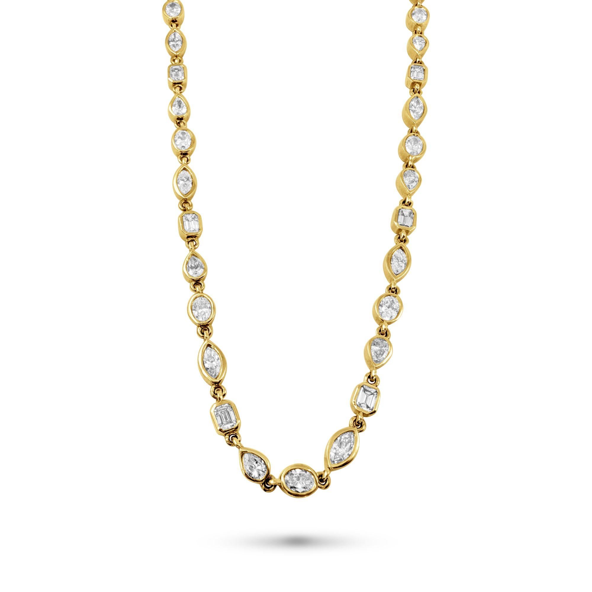 Mixed Cut 8.85 Carat Mixed-Shape Bezel Set Diamond Tennis Necklace in 14K White Gold For Sale