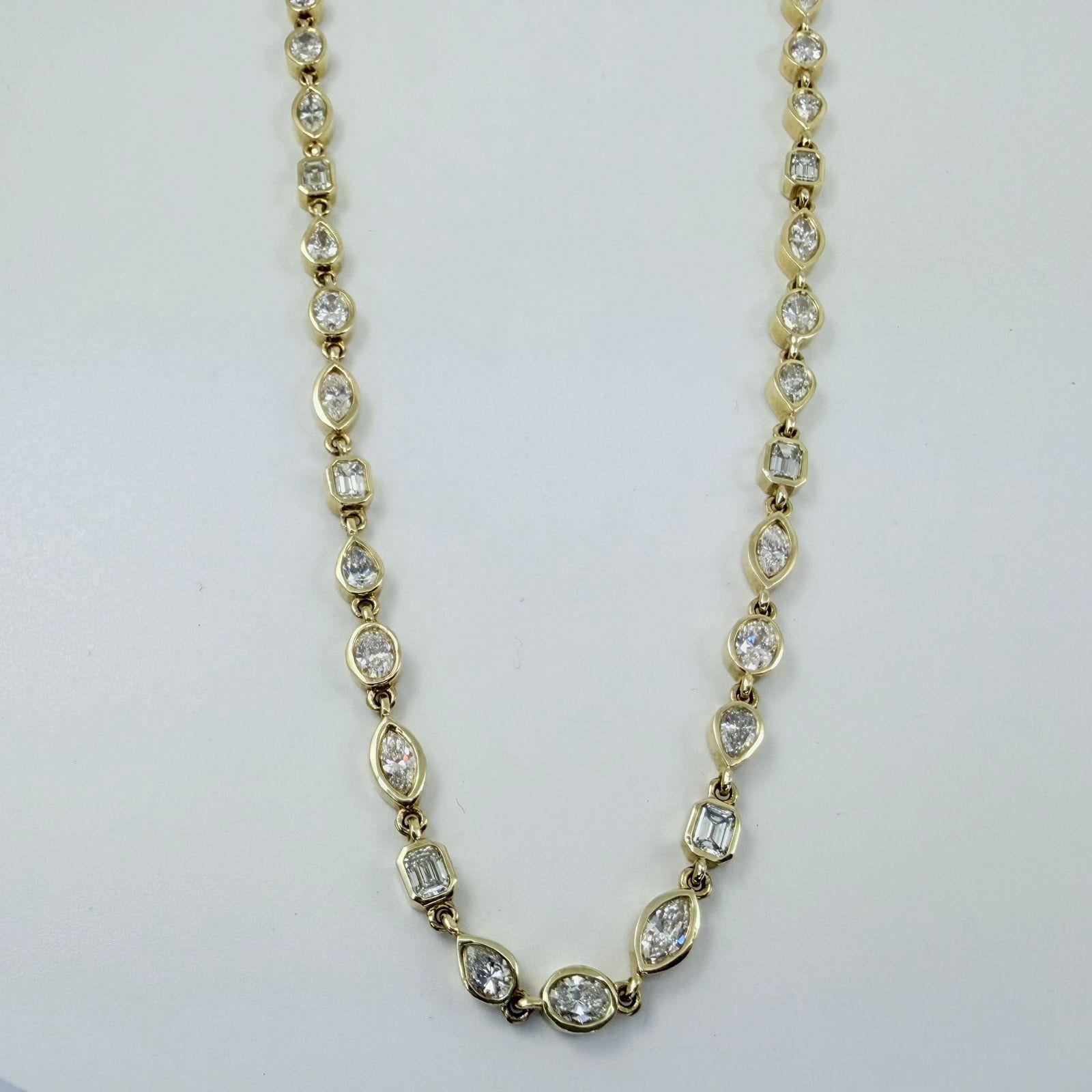 Women's 8.85 Carat Mixed-Shape Bezel Set Diamond Tennis Necklace in 14K White Gold For Sale