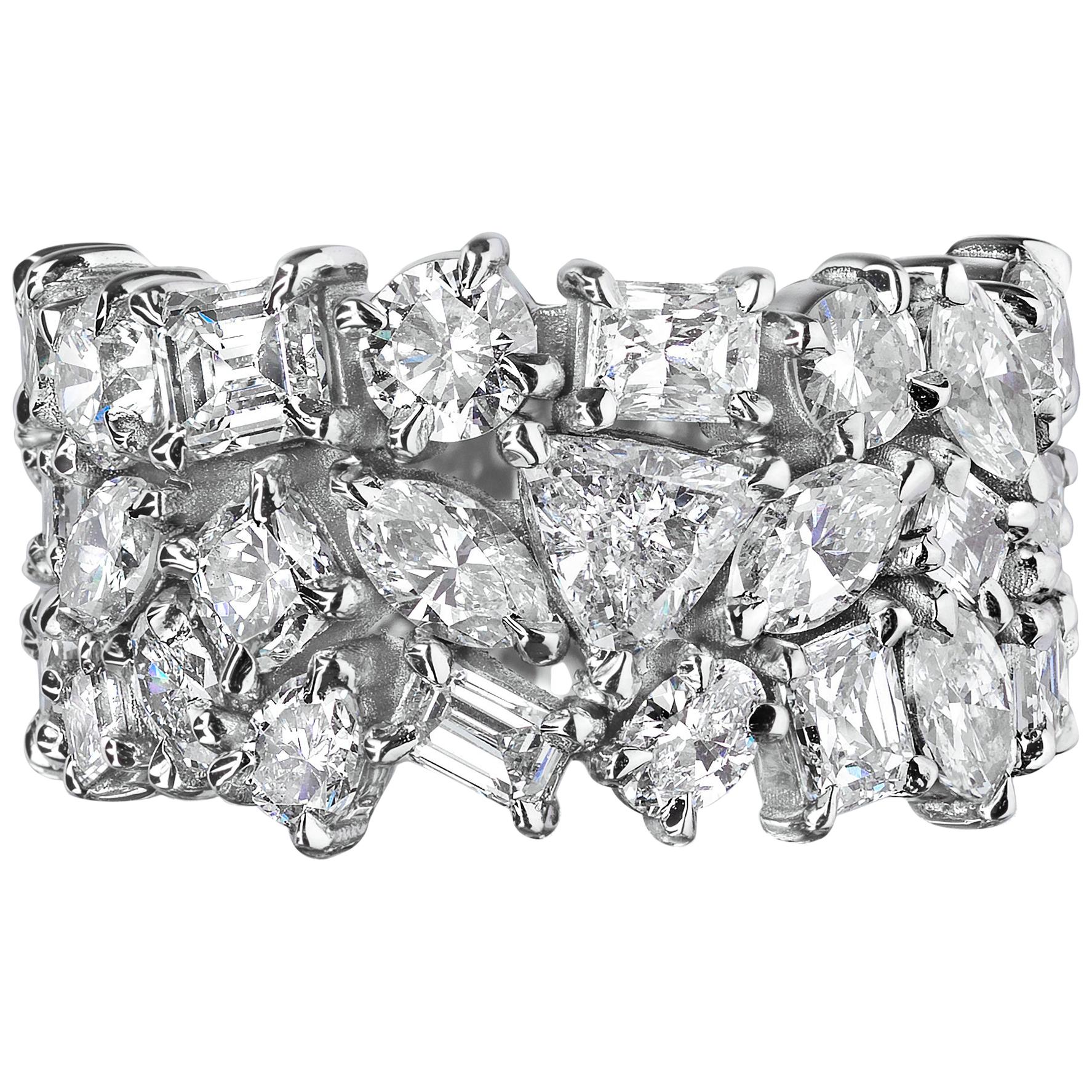 8,85 Karat Multi Shape Diamond Cluster Multi-Row Freeform Wide Band Ring