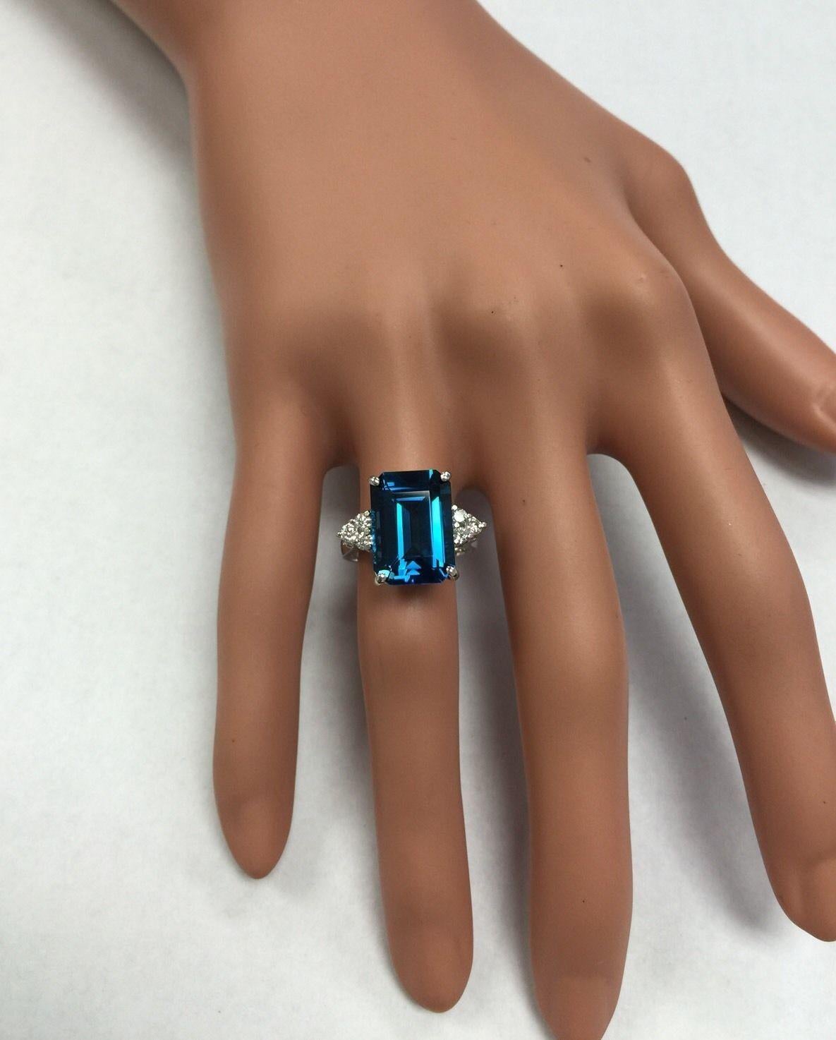 8.85 Carat Natural Impressive London Blue Topaz and Diamond 14K White Gold Ring For Sale 5