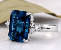 8.85 Carat Natural Impressive London Blue Topaz and Diamond 14K White Gold Ring
