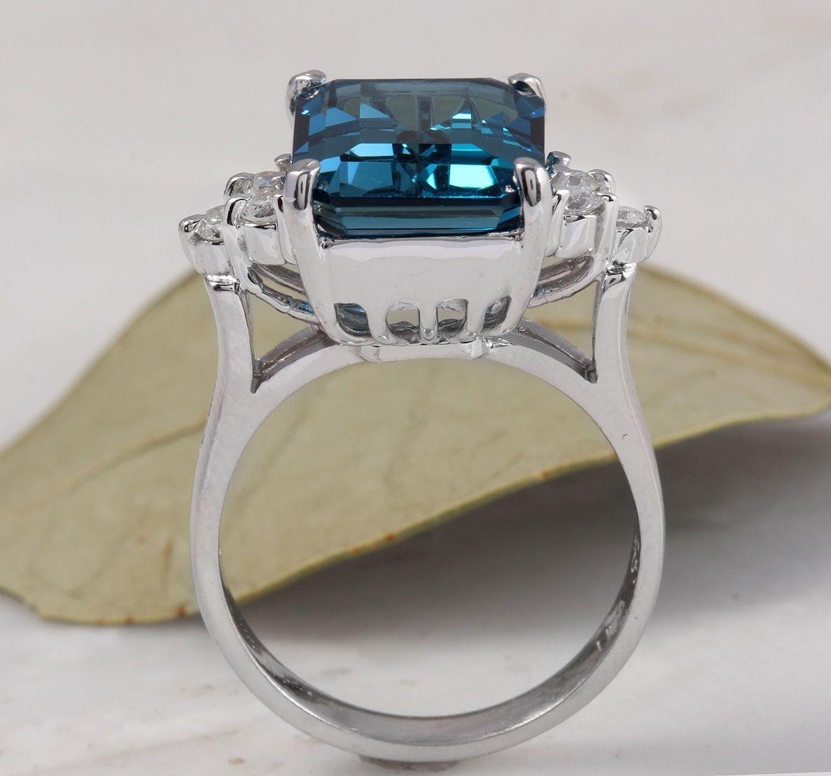 Women's 8.85 Carat Natural Impressive London Blue Topaz and Diamond 14K White Gold Ring For Sale