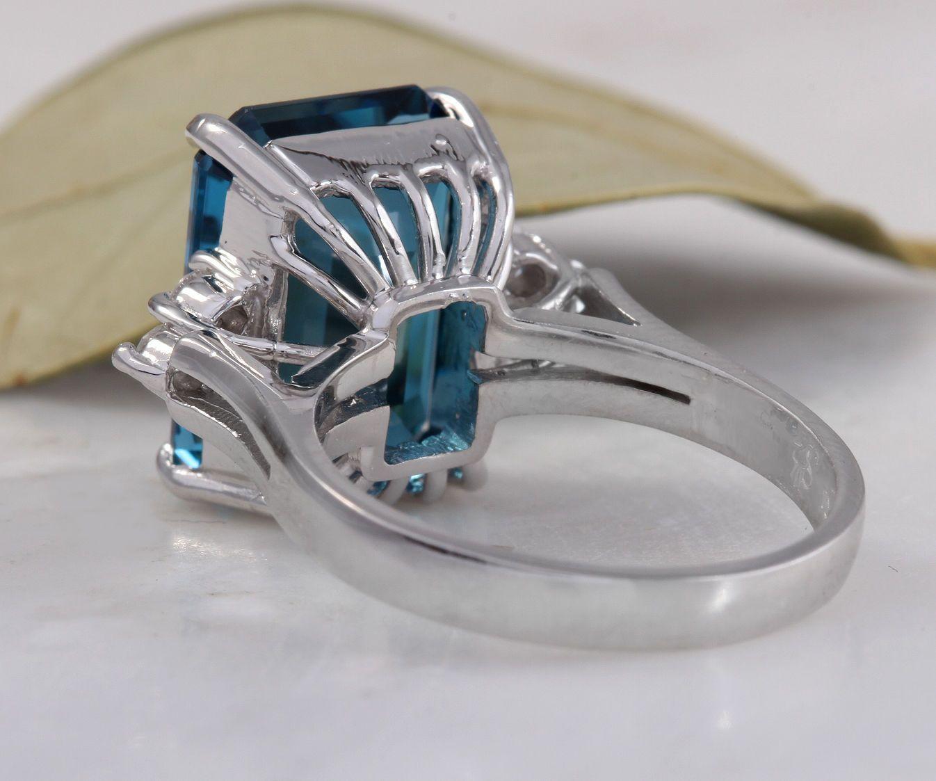 8.85 Carat Natural Impressive London Blue Topaz and Diamond 14K White Gold Ring For Sale 1
