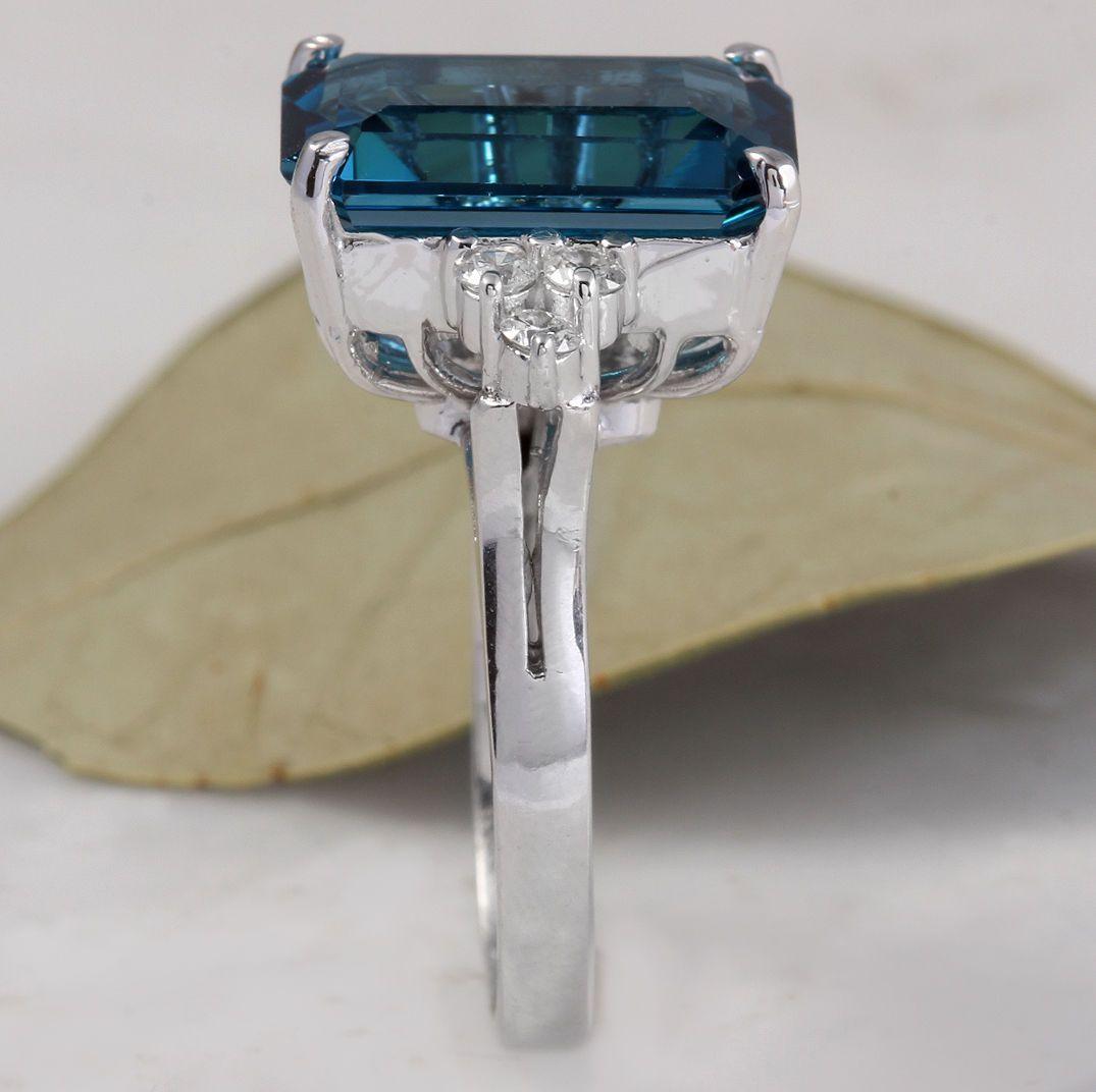 8.85 Carat Natural Impressive London Blue Topaz and Diamond 14K White Gold Ring For Sale 2
