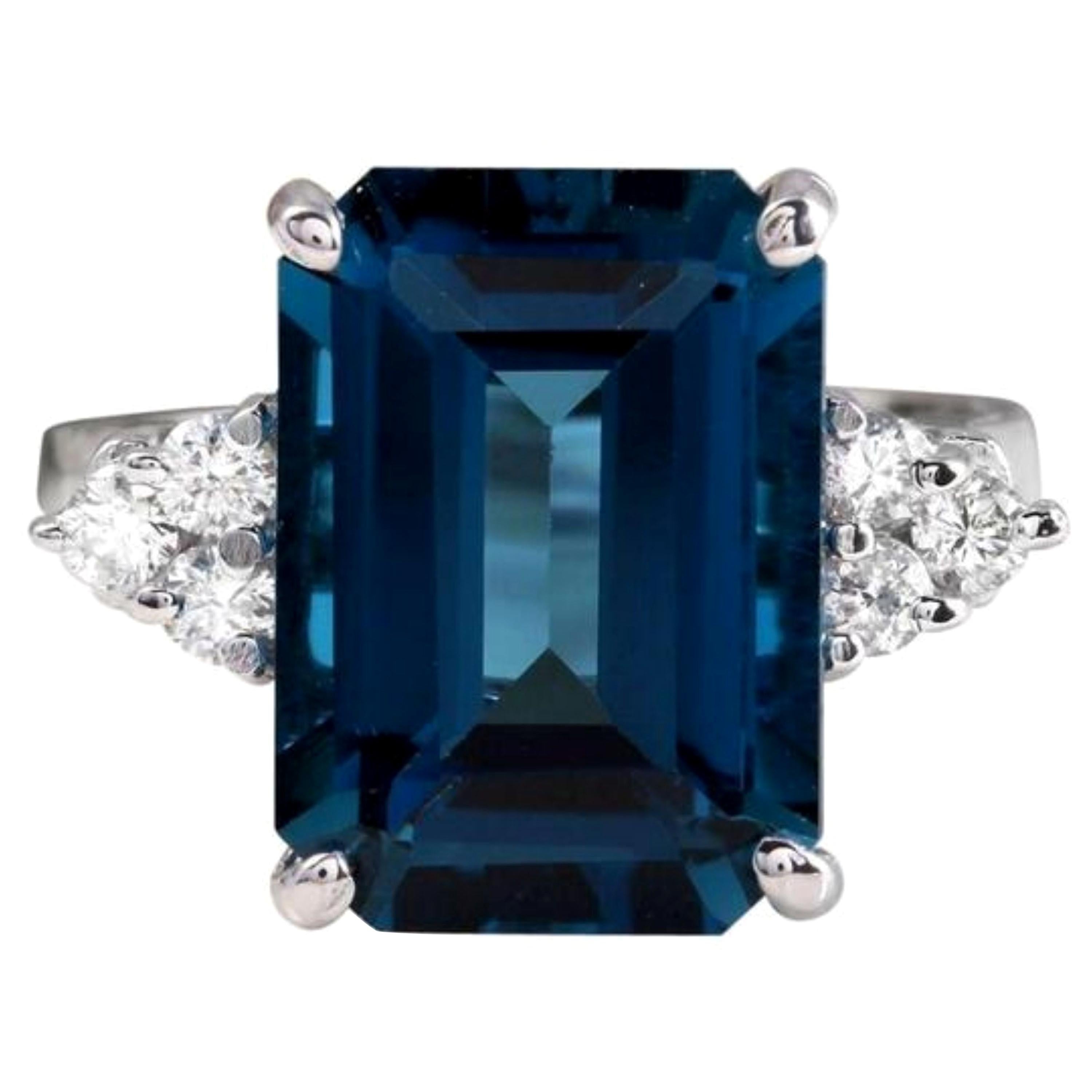 8.85 Carat Natural Impressive London Blue Topaz and Diamond 14K White Gold Ring at 1stDibs