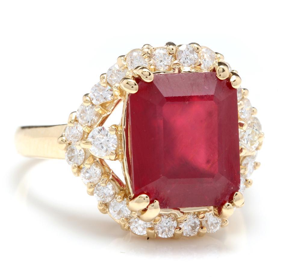 8.85 Carats Impressive Red Ruby and Natural Diamond 14K Yellow Gold Ring

Total Red Ruby Weight is: Approx. 8.00 Carats

Ruby Treatment: Lead Glass Filling

Ruby Measures: Approx. Approx. 11.00 x 9.00mm

Natural Round Diamonds Weight: Approx. 0.85