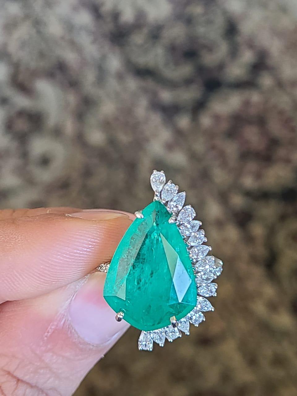 Modern 8.85 Carats, Natural Shield Cut Zambian Emerald & Diamonds Cocktail Ring