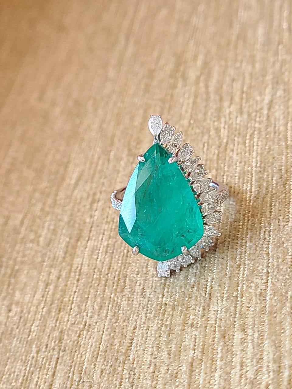 8.85 Carats, Natural Shield Cut Zambian Emerald & Diamonds Cocktail Ring 1