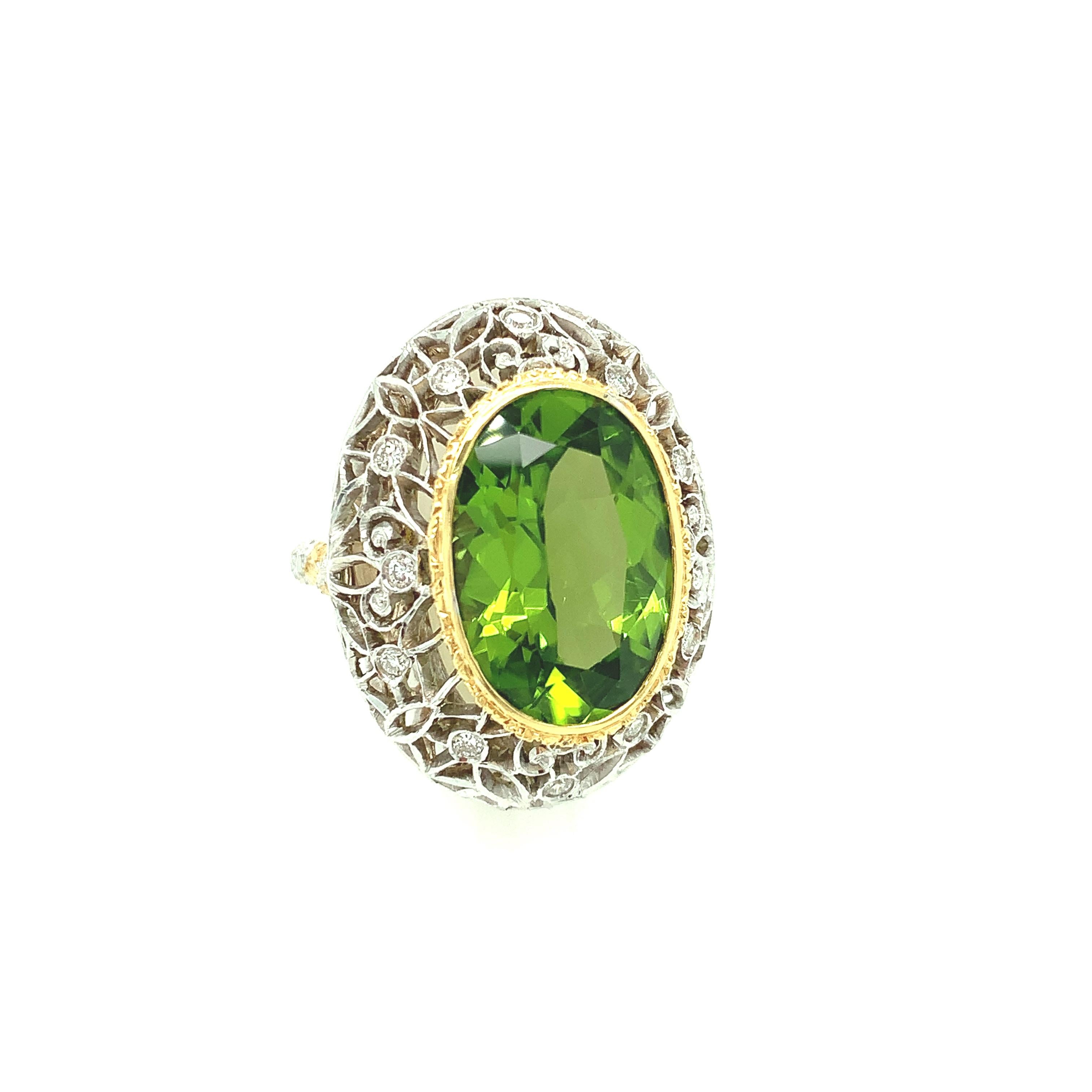 Artisan 8.85 Carat Peridot and Diamond Florentine Cocktail Ring in 18k Gold For Sale