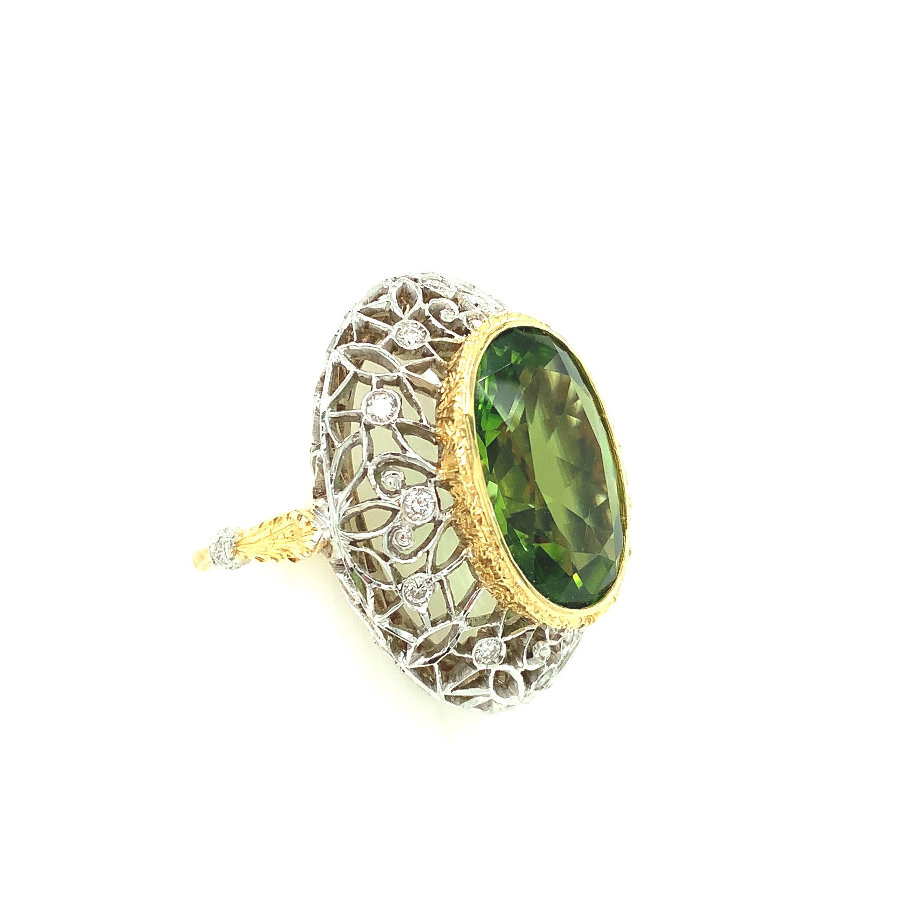 Oval Cut 8.85 Carat Peridot and Diamond Florentine Cocktail Ring in 18k Gold For Sale