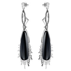 88.54 Carat Black Onyx Rock Crystal Diamond Dangle Earrings in 18 White Gold
