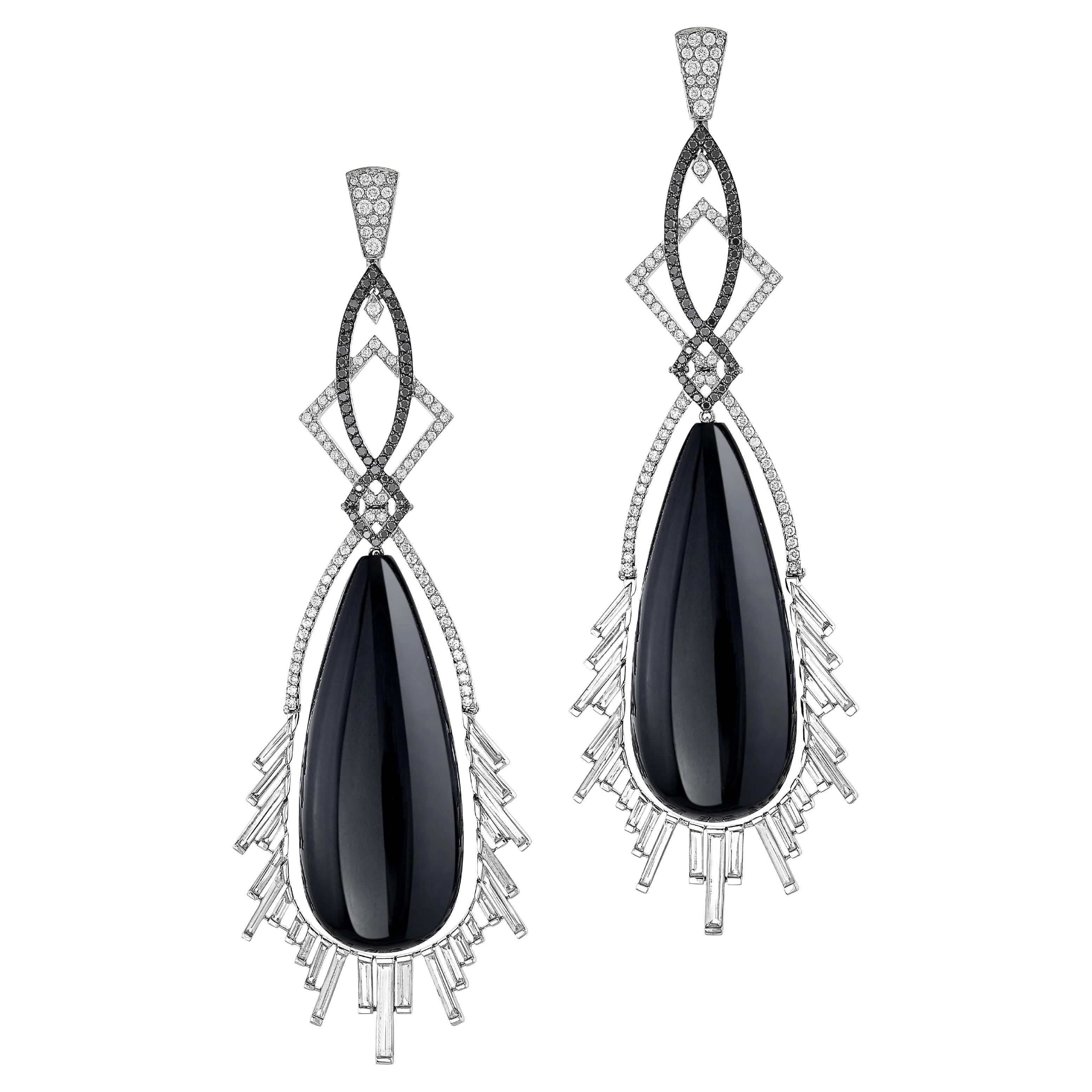 88.54 Carat Black Onyx Rock Crystal Diamond Dangle Earrings in 18 White Gold 