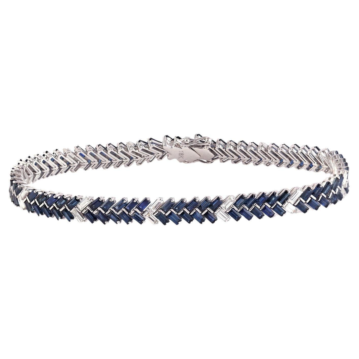 8.85ct Baguette Shaped Blue Sapphire Bracelet With Diamonds In 18k White Gold For Sale