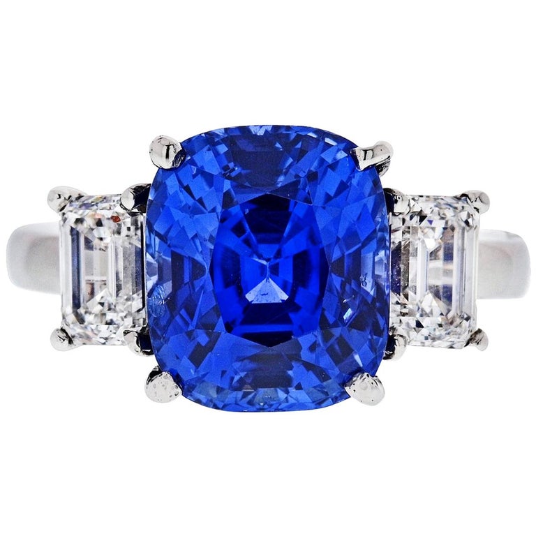 8.86 Carat Cushion Cut Blue Sapphire Three-Stone Diamond Platinum Ring ...