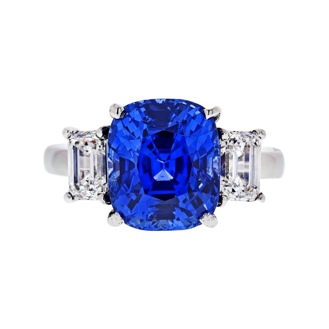 8.86 Carat Cushion Cut Blue Sapphire Three-Stone Diamond Platinum Ring