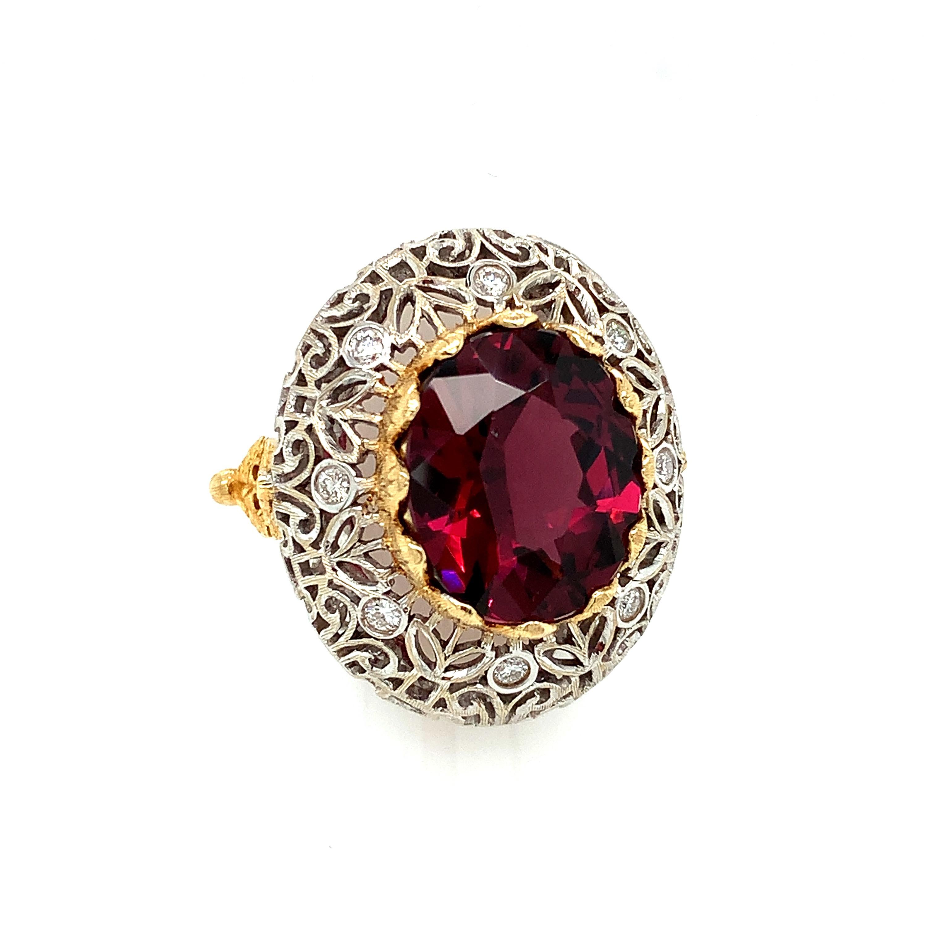 Artisan 8.86 Carat Rhodolite Garnet and Diamond Cocktail Ring in White and Yellow Gold For Sale