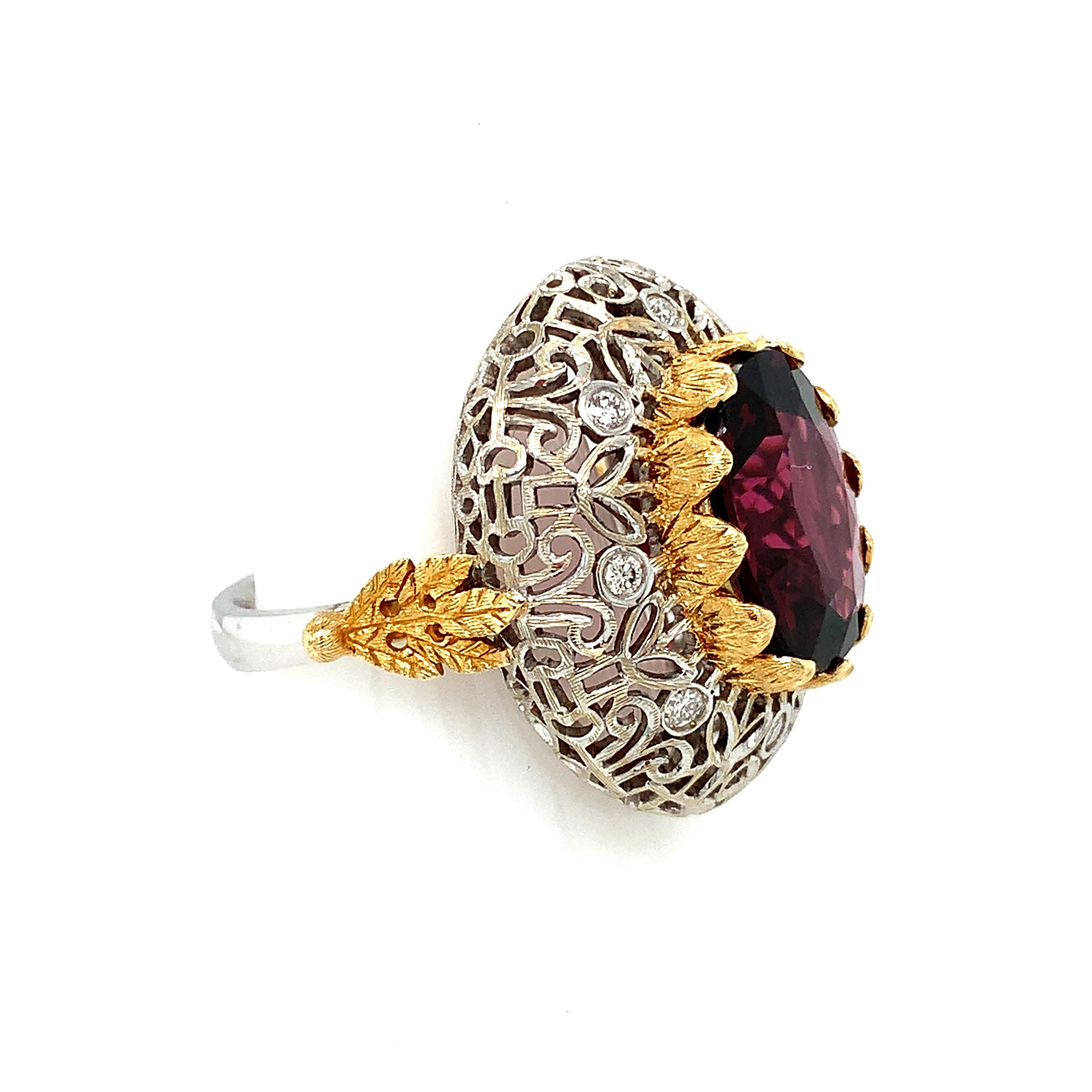 8.86 Carat Rhodolite Garnet and Diamond Cocktail Ring in White and Yellow Gold  In New Condition For Sale In Los Angeles, CA