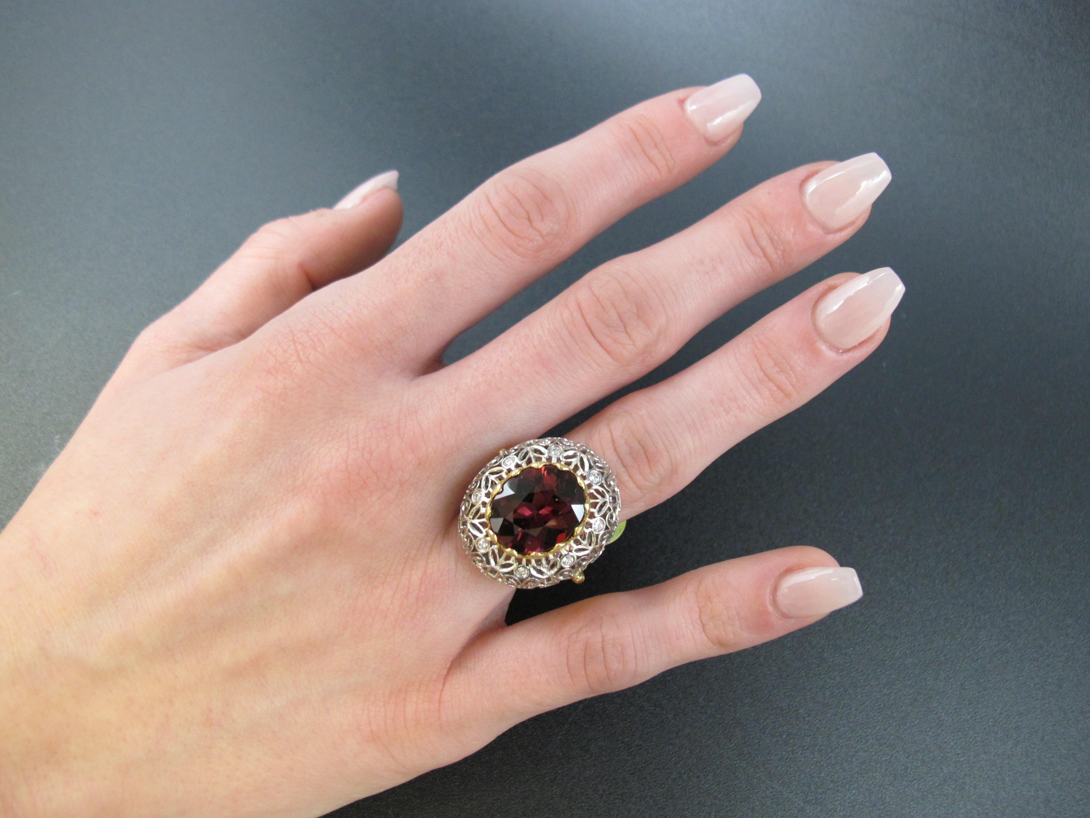 8.86 Carat Rhodolite Garnet and Diamond Cocktail Ring in White and Yellow Gold  For Sale 1