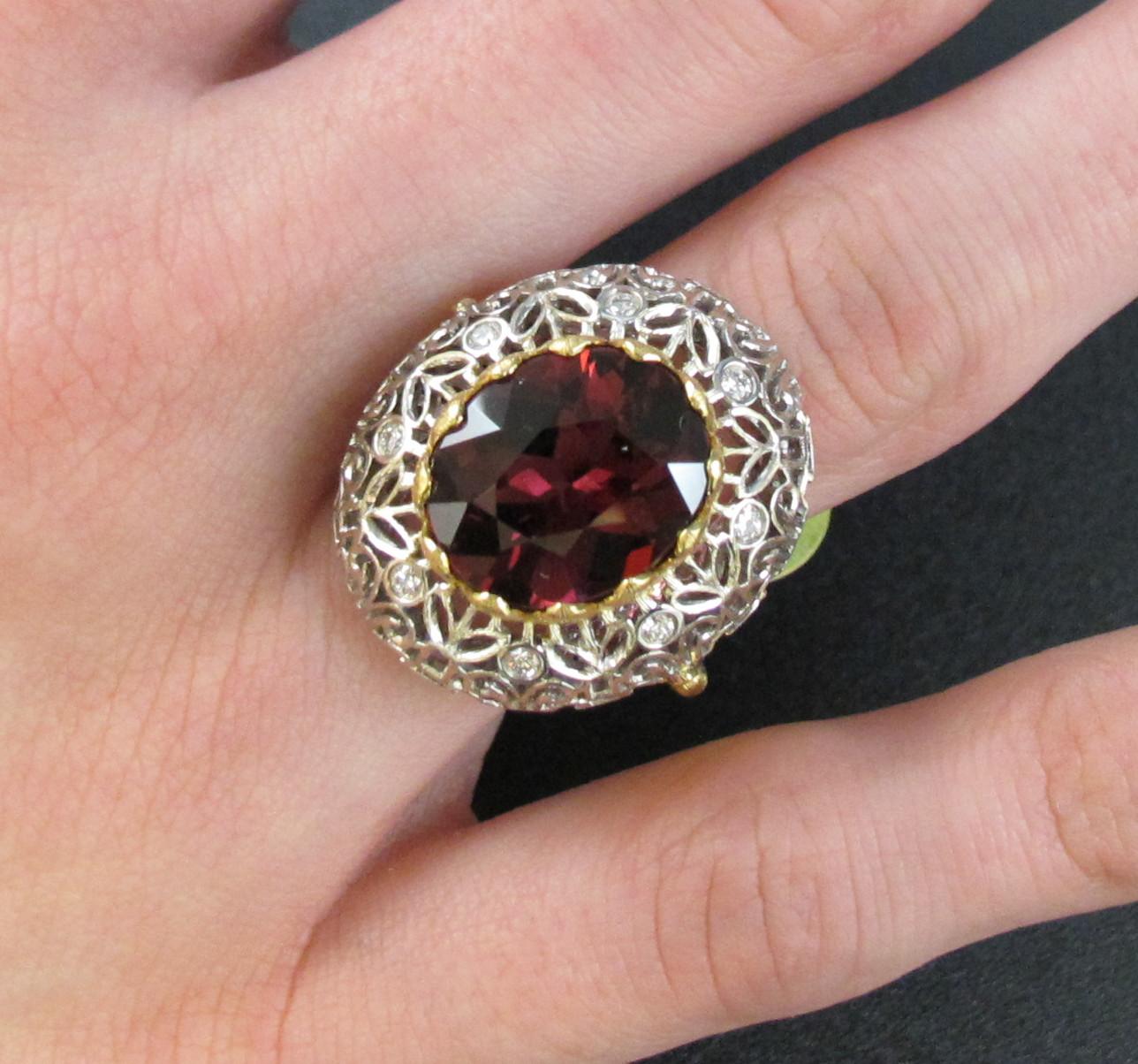 8.86 Carat Rhodolite Garnet and Diamond Cocktail Ring in White and Yellow Gold  For Sale 2
