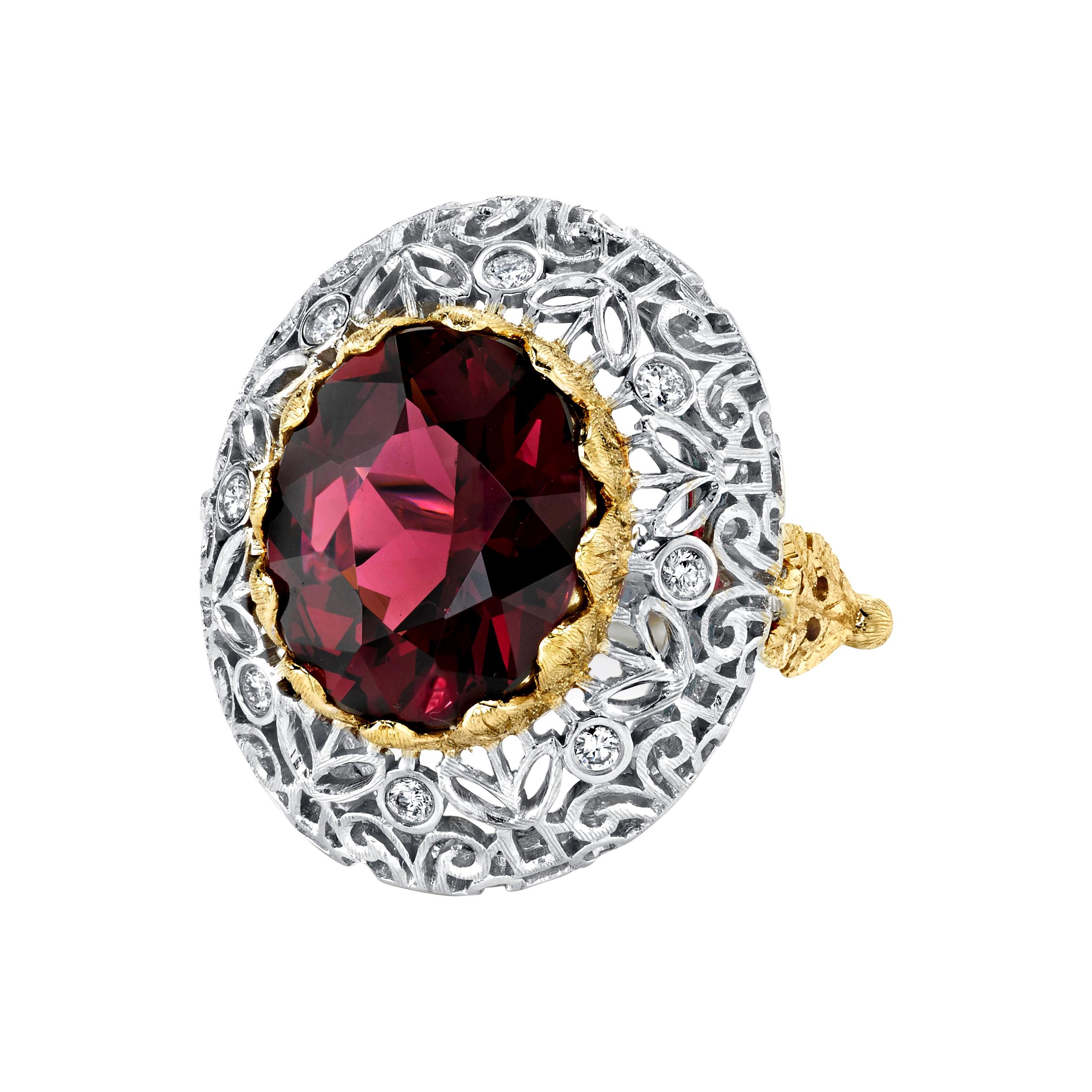 8.86 Carat Rhodolite Garnet and Diamond White and Yellow Gold Cocktail Ring