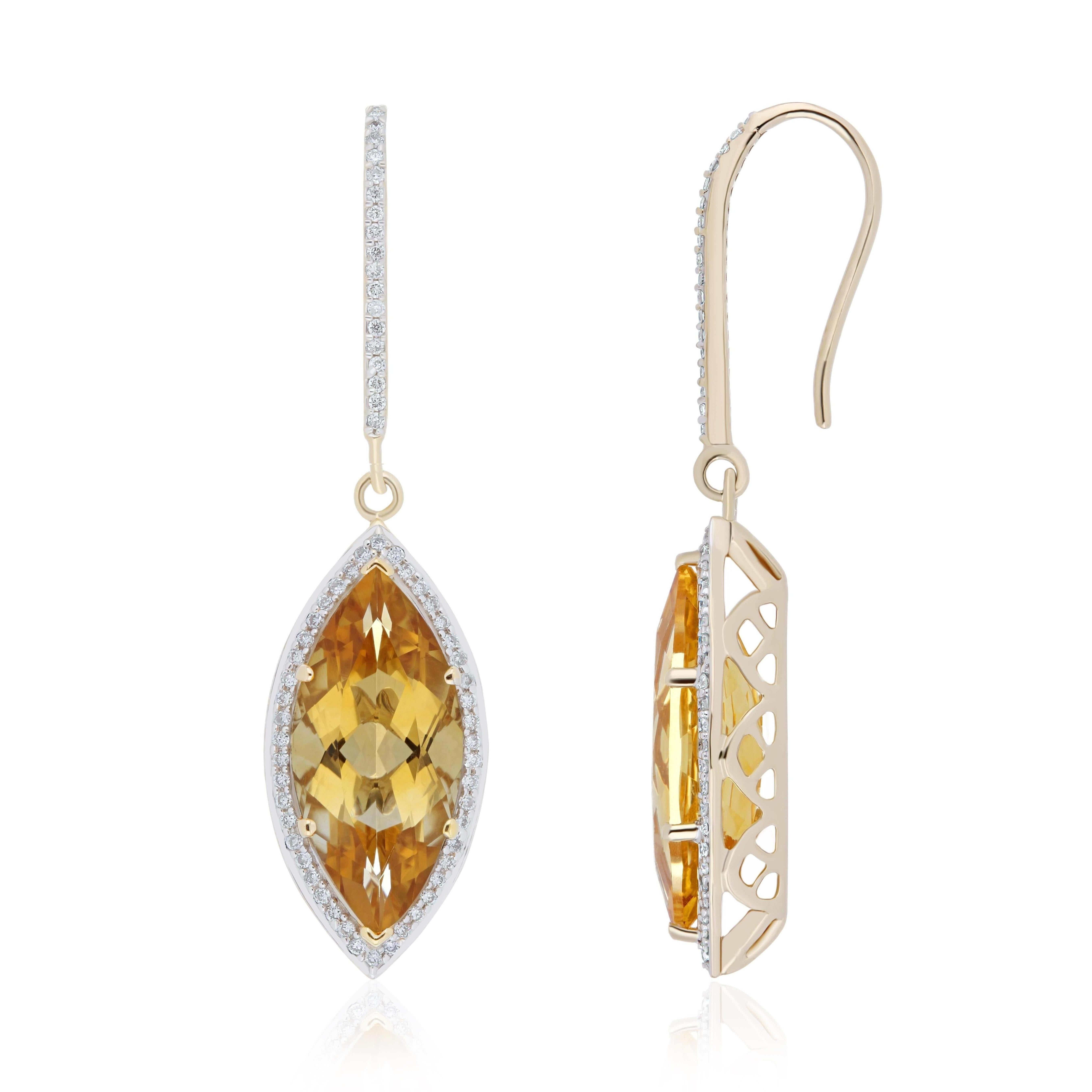 Elegant and Exquisitely Detailed 14 Karat Yellow Gold Earring, Centre Set with 8.86Cts(approx.), Marquise Shape Faceted cut and accented Diamond with 0.31Cts (approx.), 14Karat Yellow Gold Drop Earring Beautiful Hand-crafted Earring

Product