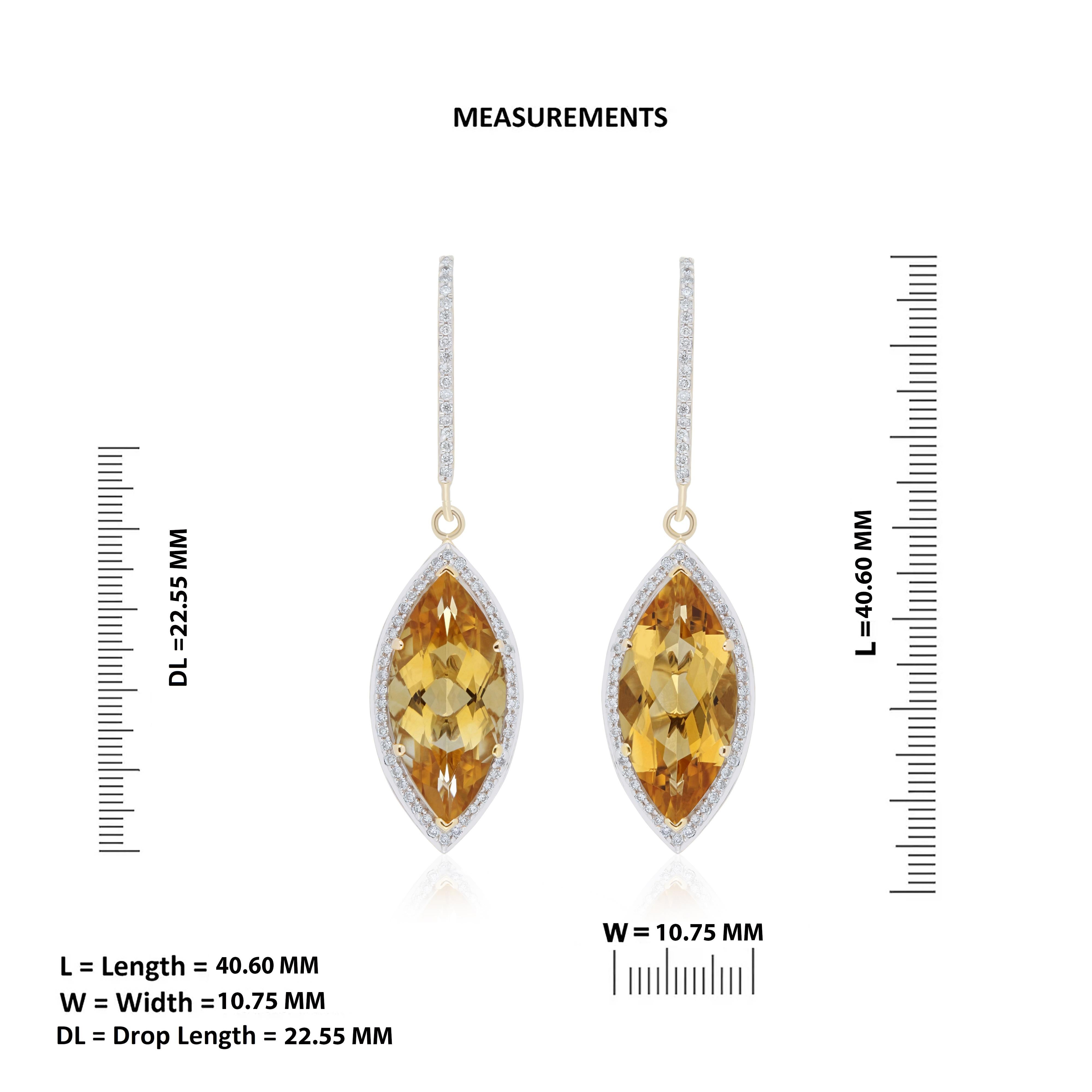 14K Yellow Gold jewelry Marquise Shape Citrine Faceted handmade, Diamond Earring In New Condition For Sale In JAIPUR, IN