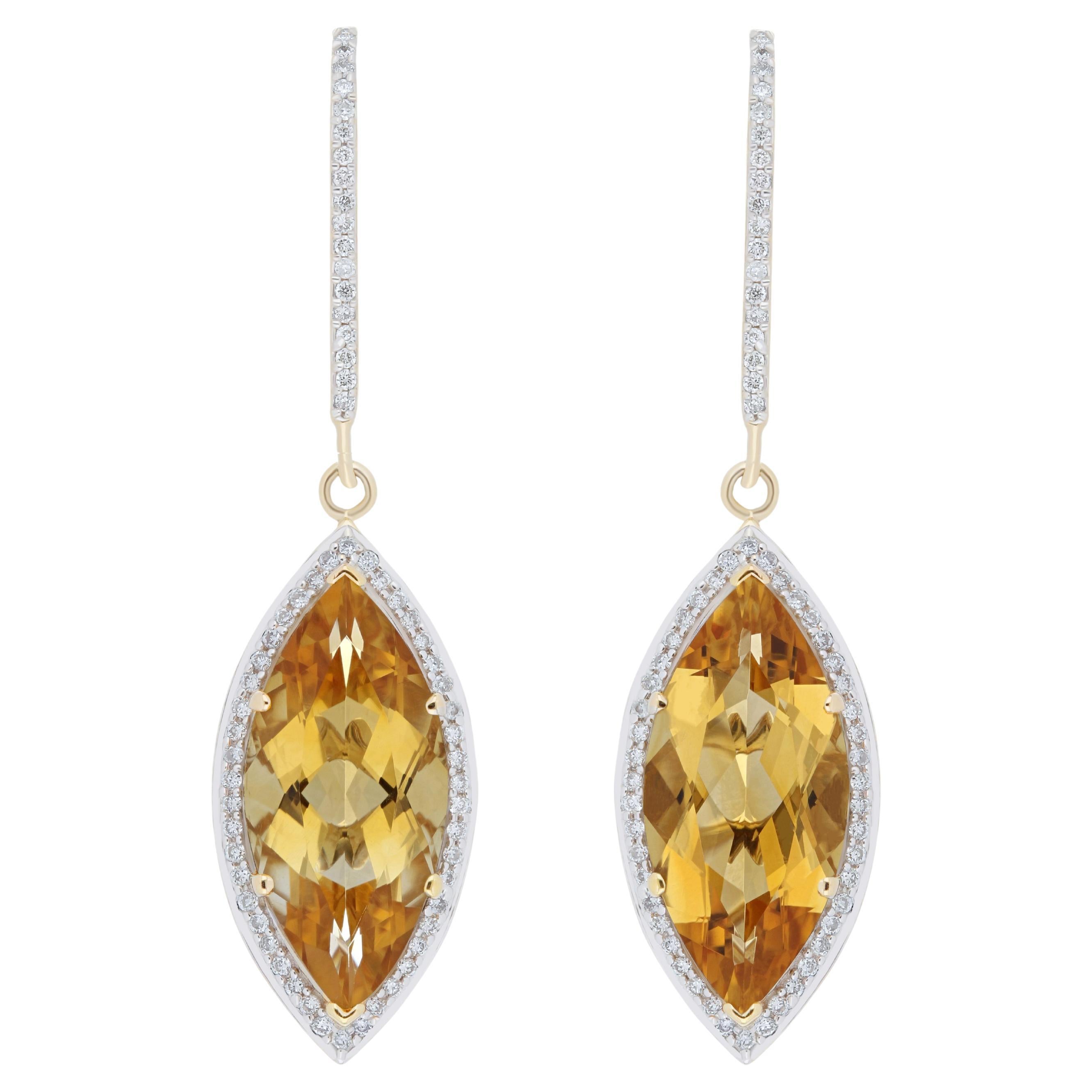 14K Yellow Gold jewelry Marquise Shape Citrine Faceted handmade, Diamond Earring For Sale