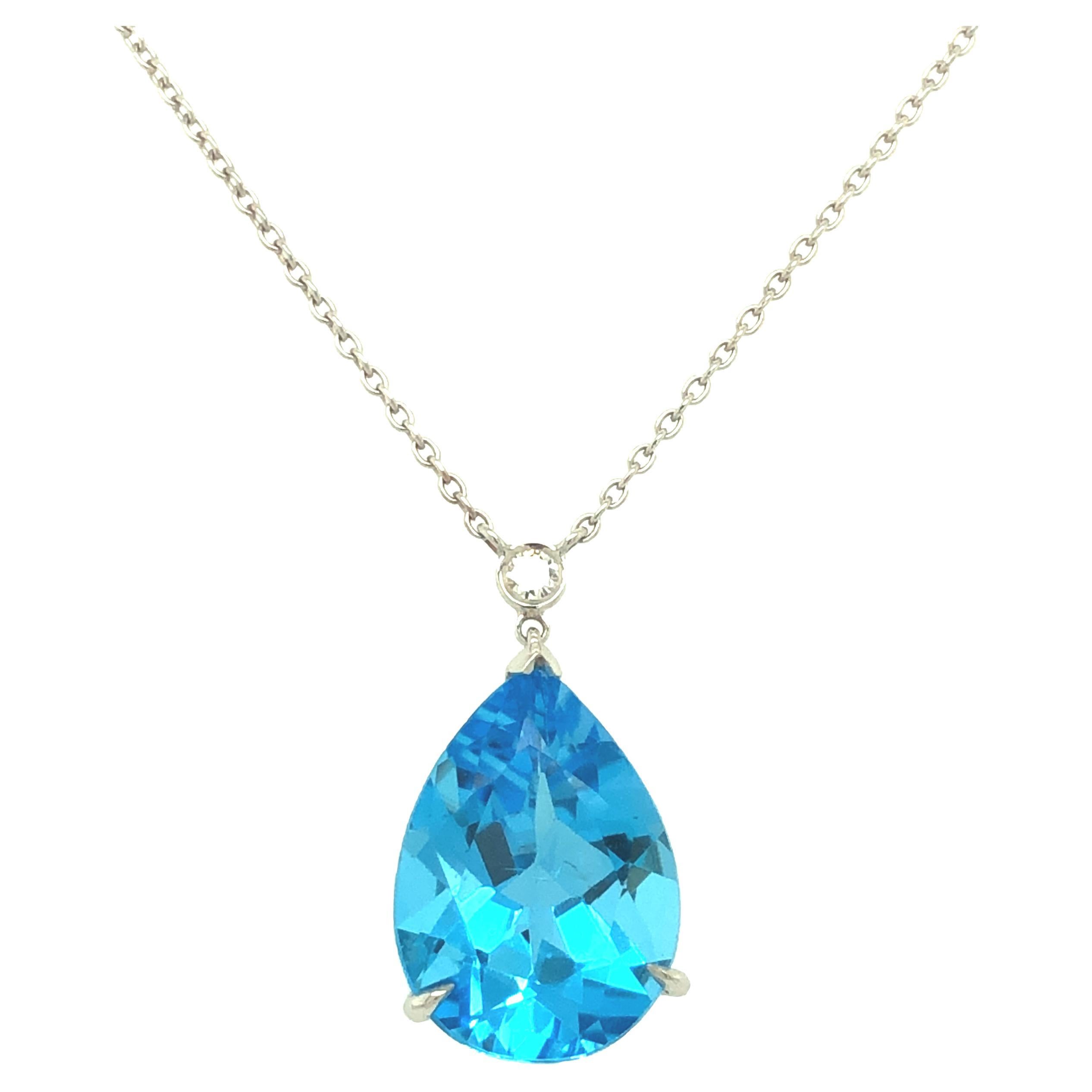 Gems Are Forever 8.87 carat Pear Shape Blue Topaz & Diamond Pendant Necklace 14K For Sale