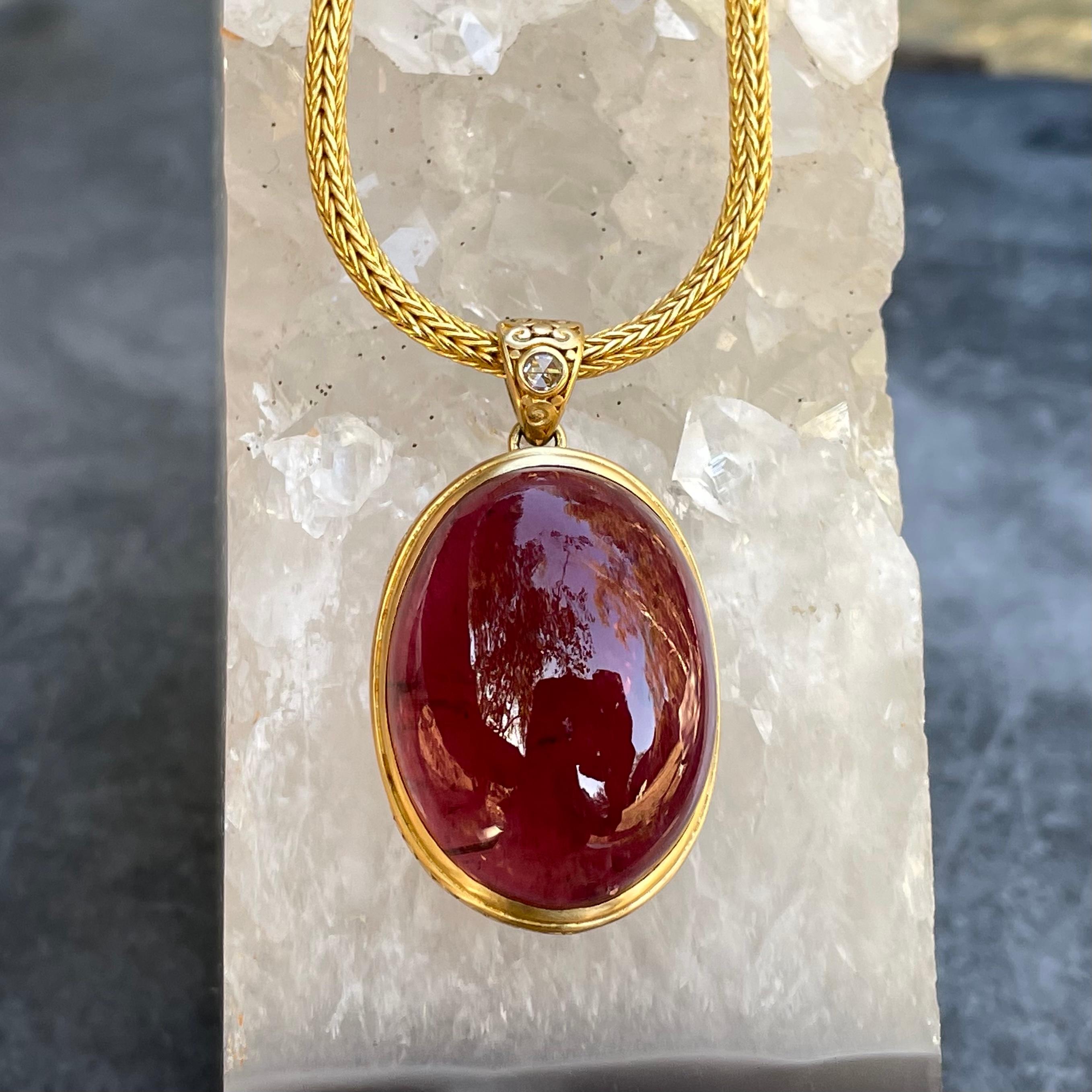 88.7 Carat Pink Tourmaline Cabochon Diamond 18K Gold Pendant In New Condition For Sale In Soquel, CA