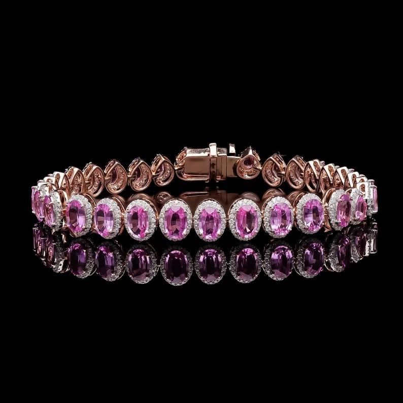 Modern 8.87 carats Oval Pear Cut Pink Sapphire Diamond 18K Rose Gold Tennis Bracelet For Sale