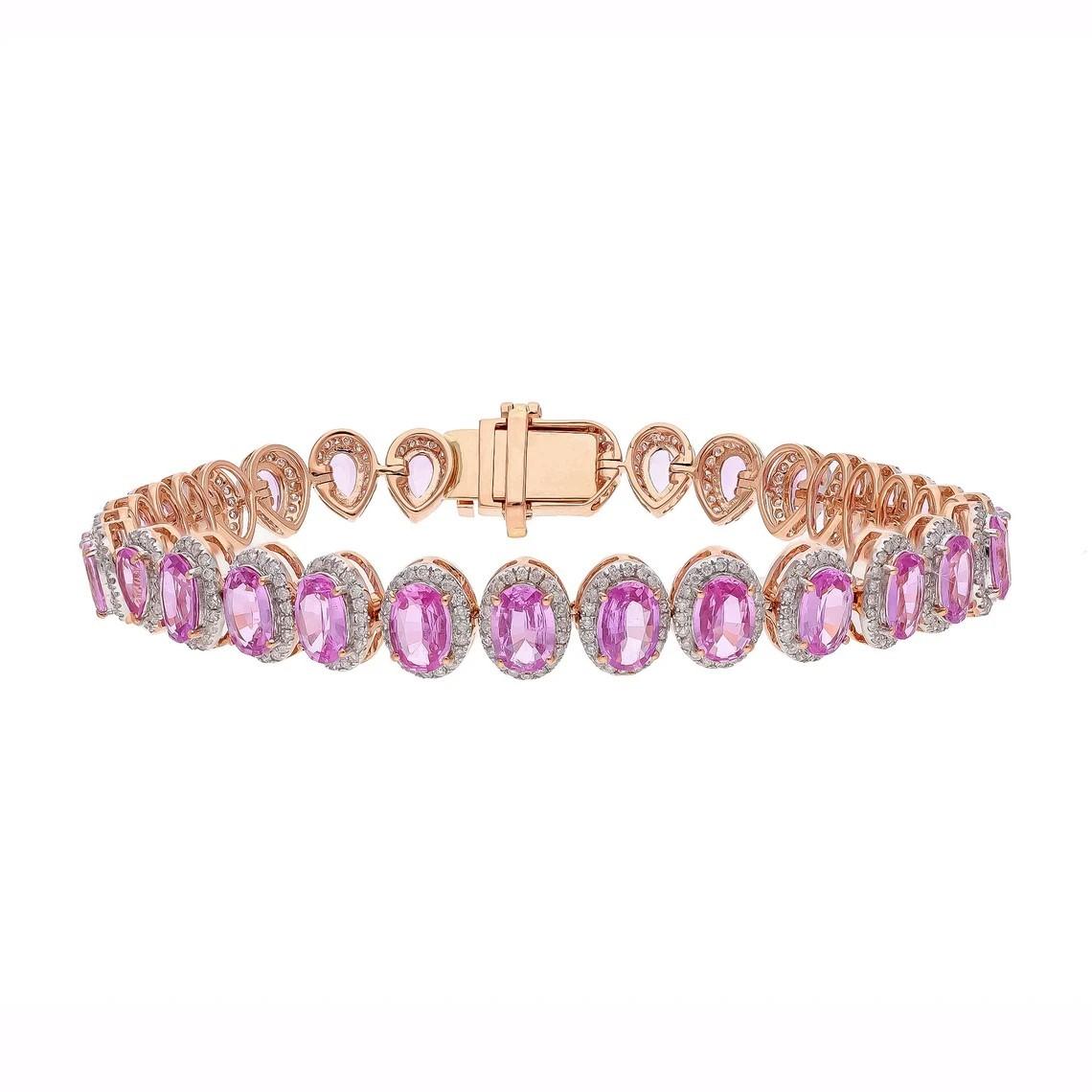 Mixed Cut 8.87 carats Oval Pear Cut Pink Sapphire Diamond 18K Rose Gold Tennis Bracelet For Sale