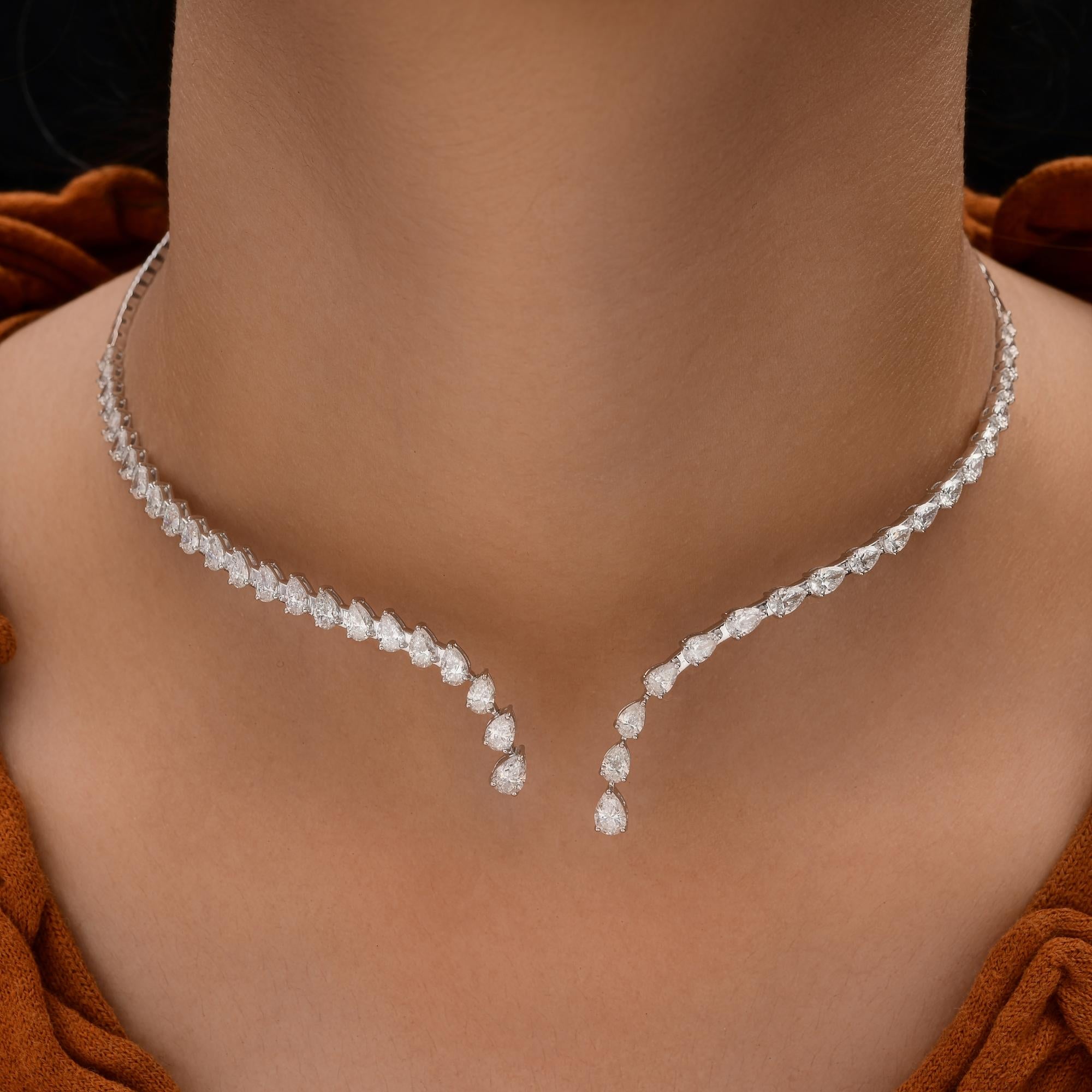 8.87CT SI/H Diamante aperto a goccia con forma di V Collana in oro bianco 18 carati
Il design presenta una sequenza graduale di diamanti a forma di pera. Le pietre aumentano gradualmente di dimensioni man mano che si avvicinano alla parte anteriore.