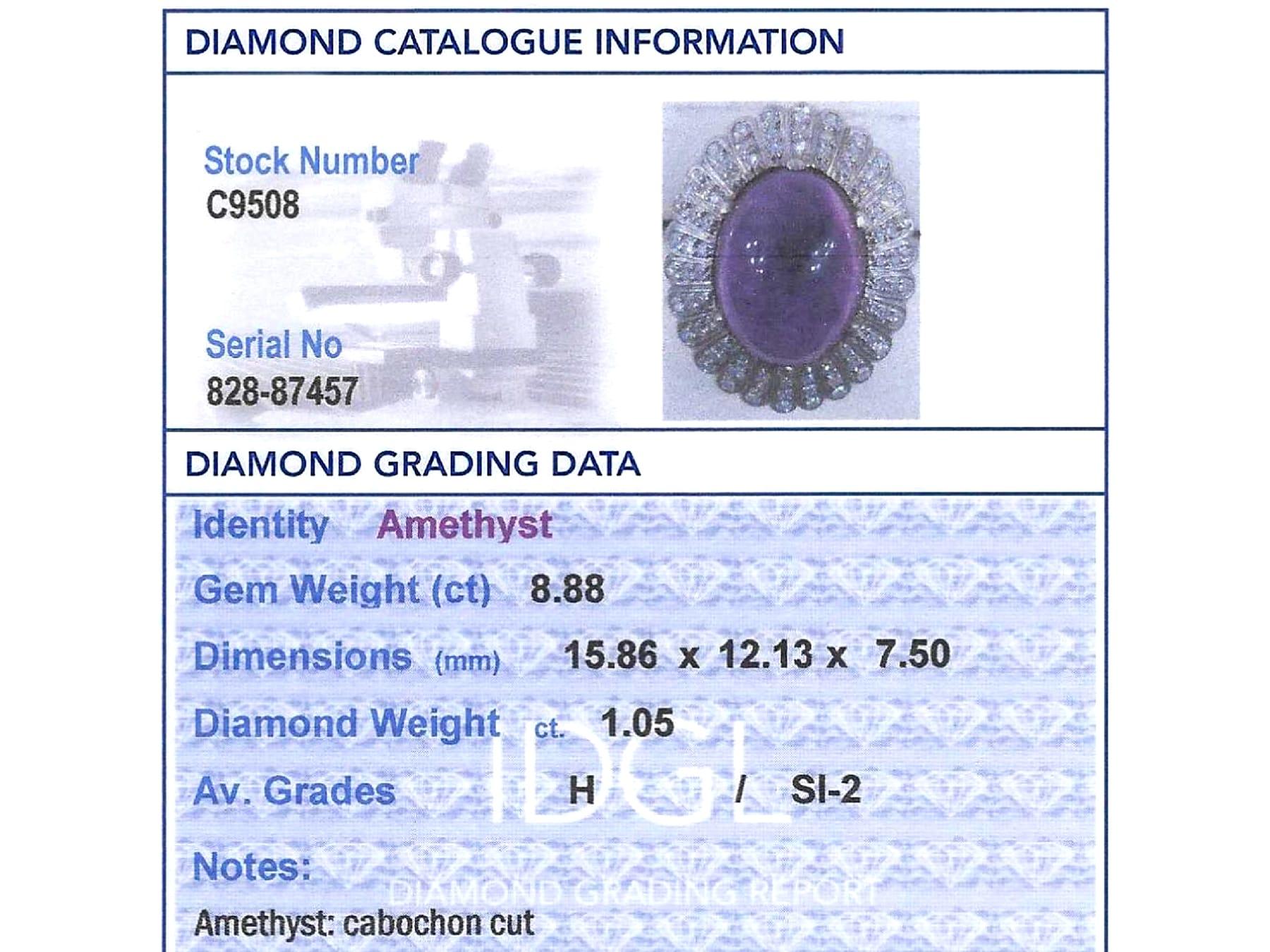 8,88 Karat Amethyst und 1,05 Karat Diamant 18k Weißgold Kleid Ring CIRCA 1935 im Angebot 5