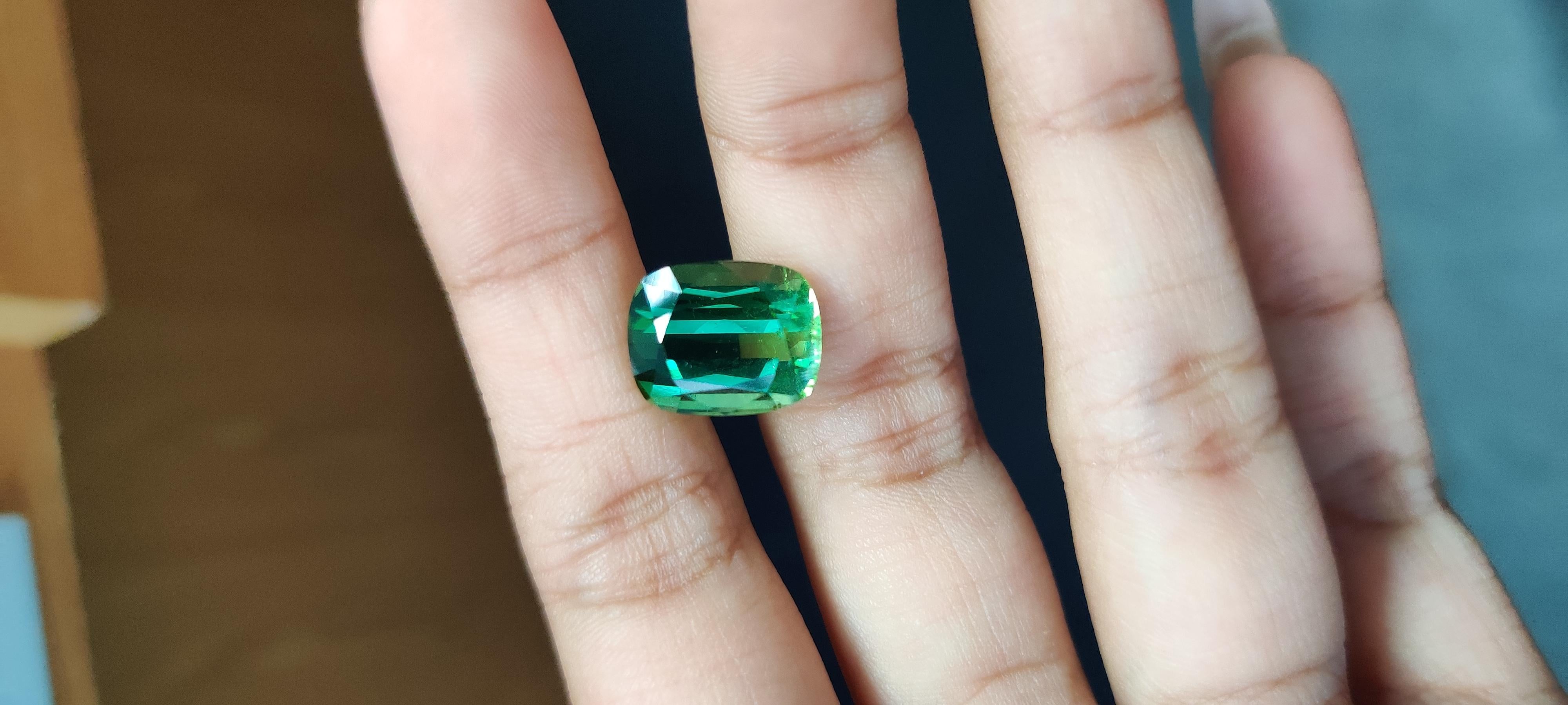 Women's or Men's 8.88 Carat Green Tourmaline Cushion Cut For Sale