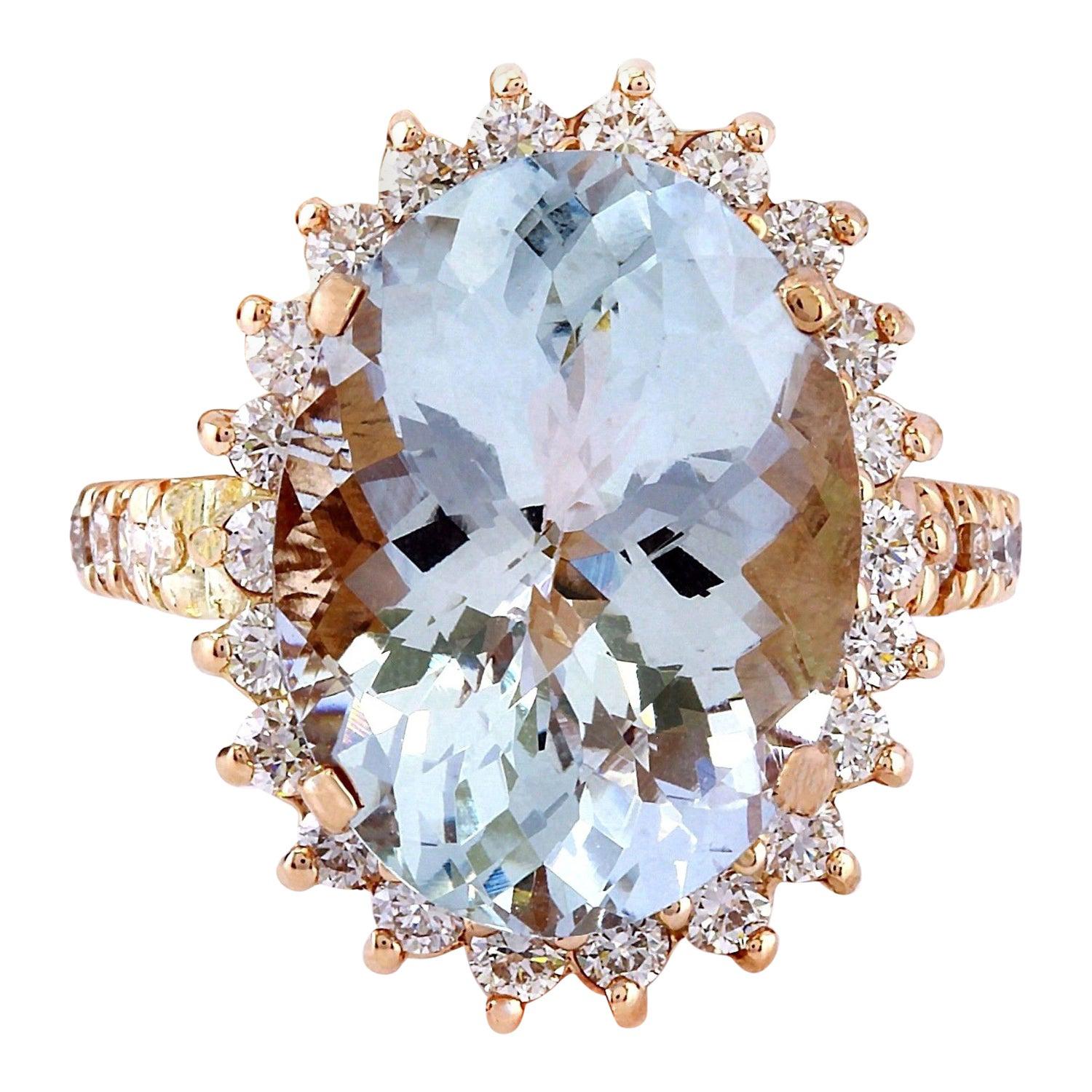 Aquamarine Diamond Ring In 14 Karat Solid Rose Gold  For Sale