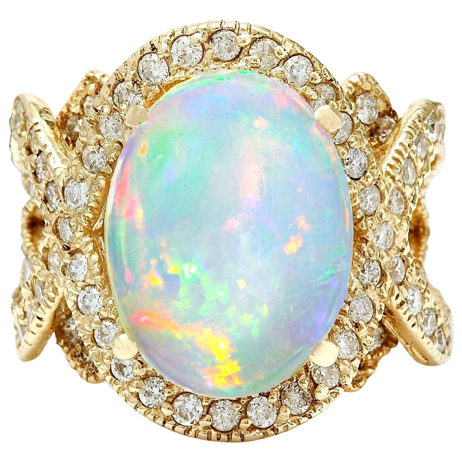 Natural Opal Diamond Ring In 14 Karat Solid Yellow Gold 