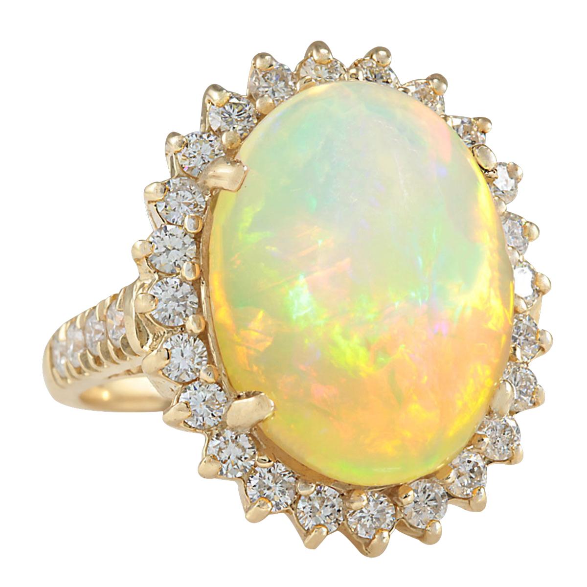 Stamped: 14K Yellow Gold
Total Ring Weight: 6.0 Grams
Total Natural Opal Weight is 7.38 Carat (Measures: 18.00x13.00 mm)
Color: Multicolor
Total Natural Diamond Weight is 1.50 Carat
Color: F-G, Clarity: VS2-SI1
Face Measures: 23.25x19.13 mm
Sku: