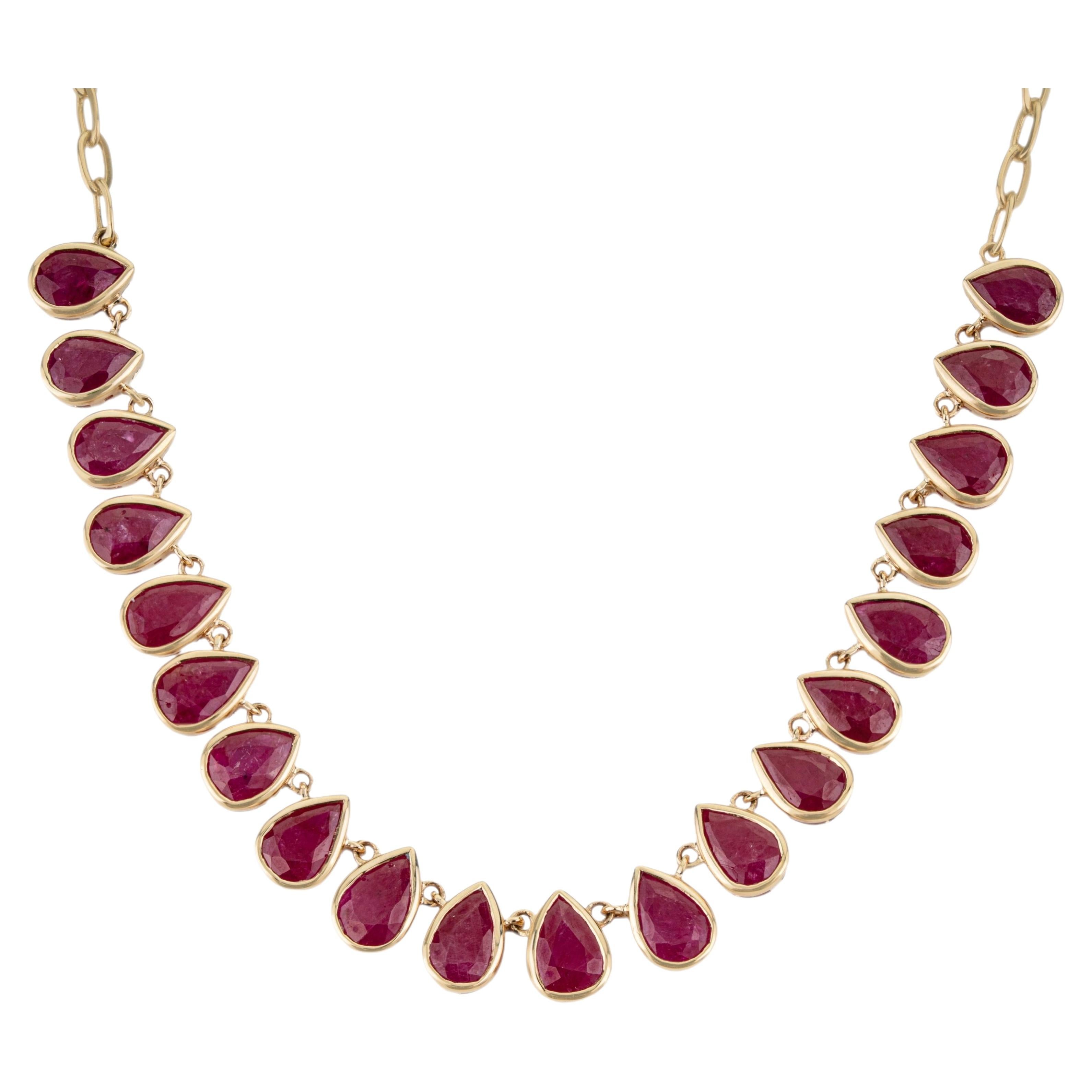 8.88 Carat Pear Cut Ruby Bezel Set Station Chain Necklace in 14K Yellow Gold