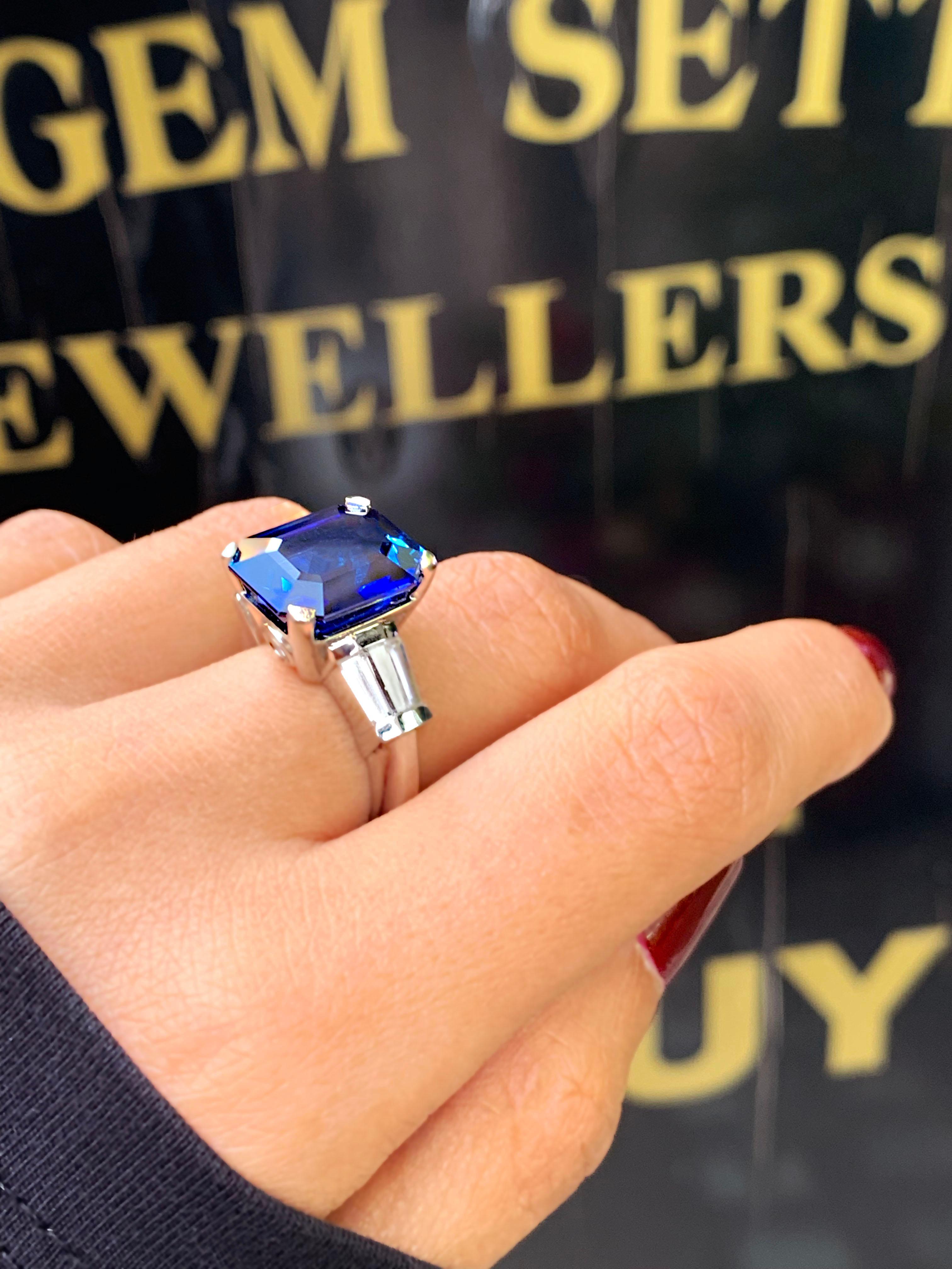Women's 8.88 Carat Royal Blue Emerald Cut Natural Sapphire and Diamond Engagement Ring