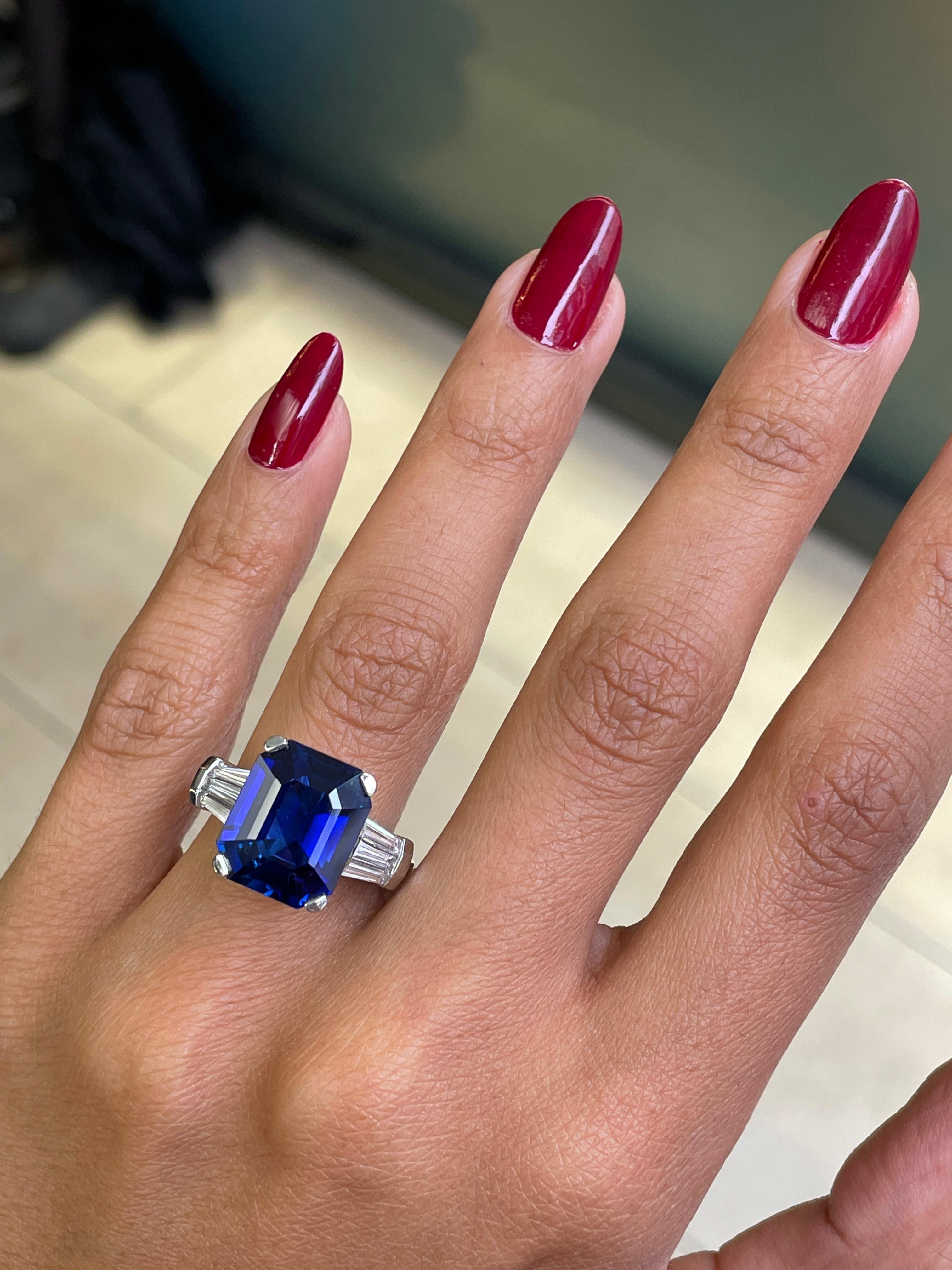 Art Deco 8.88 Carat Royal Blue Emerald Cut Natural Sapphire and Diamond Engagement Ring