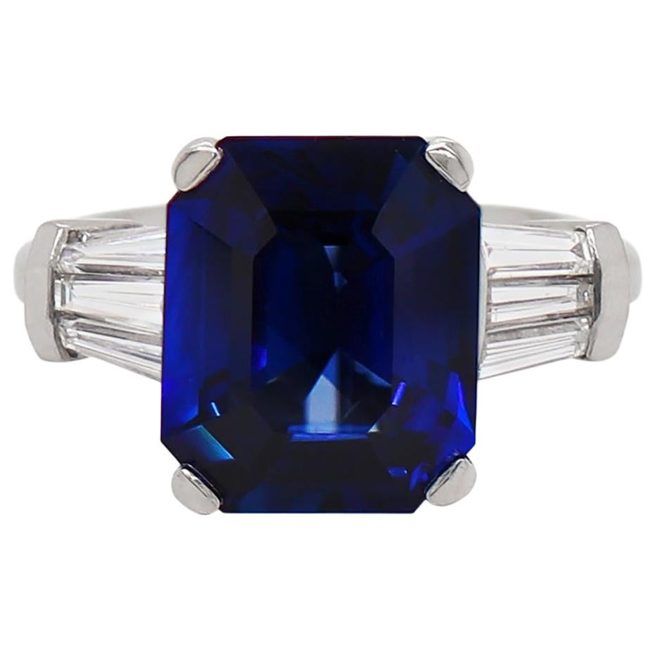 8.88 Carat Royal Blue Emerald Cut Natural Sapphire and Diamond Engagement Ring