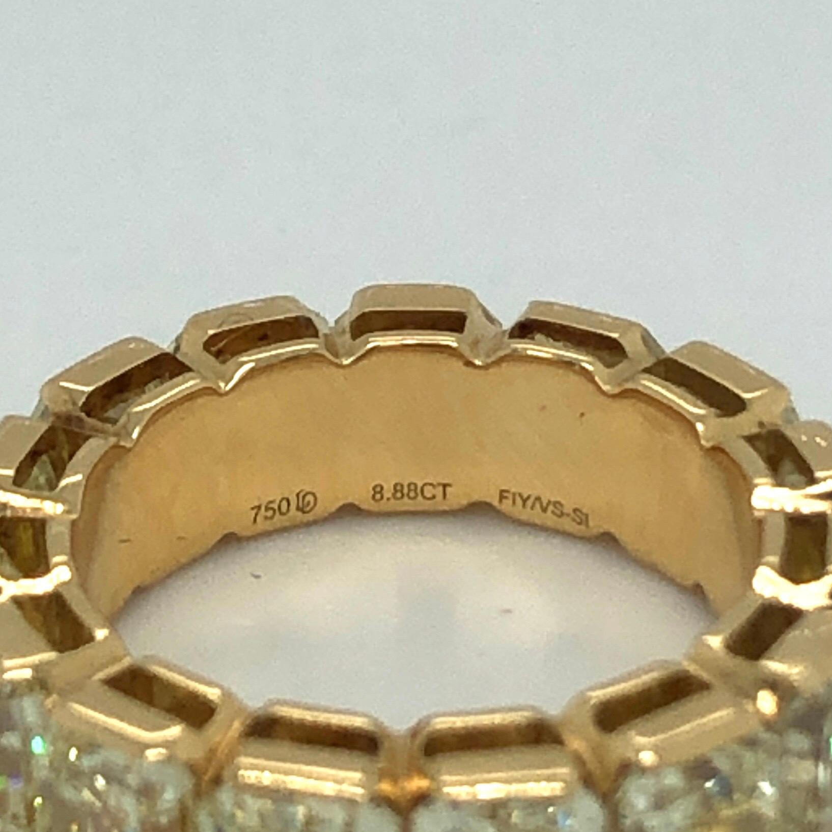 Contemporary 8.88 Carats Yellow Diamonds 18 Karat Yellow Gold Eternity Band Ring For Sale