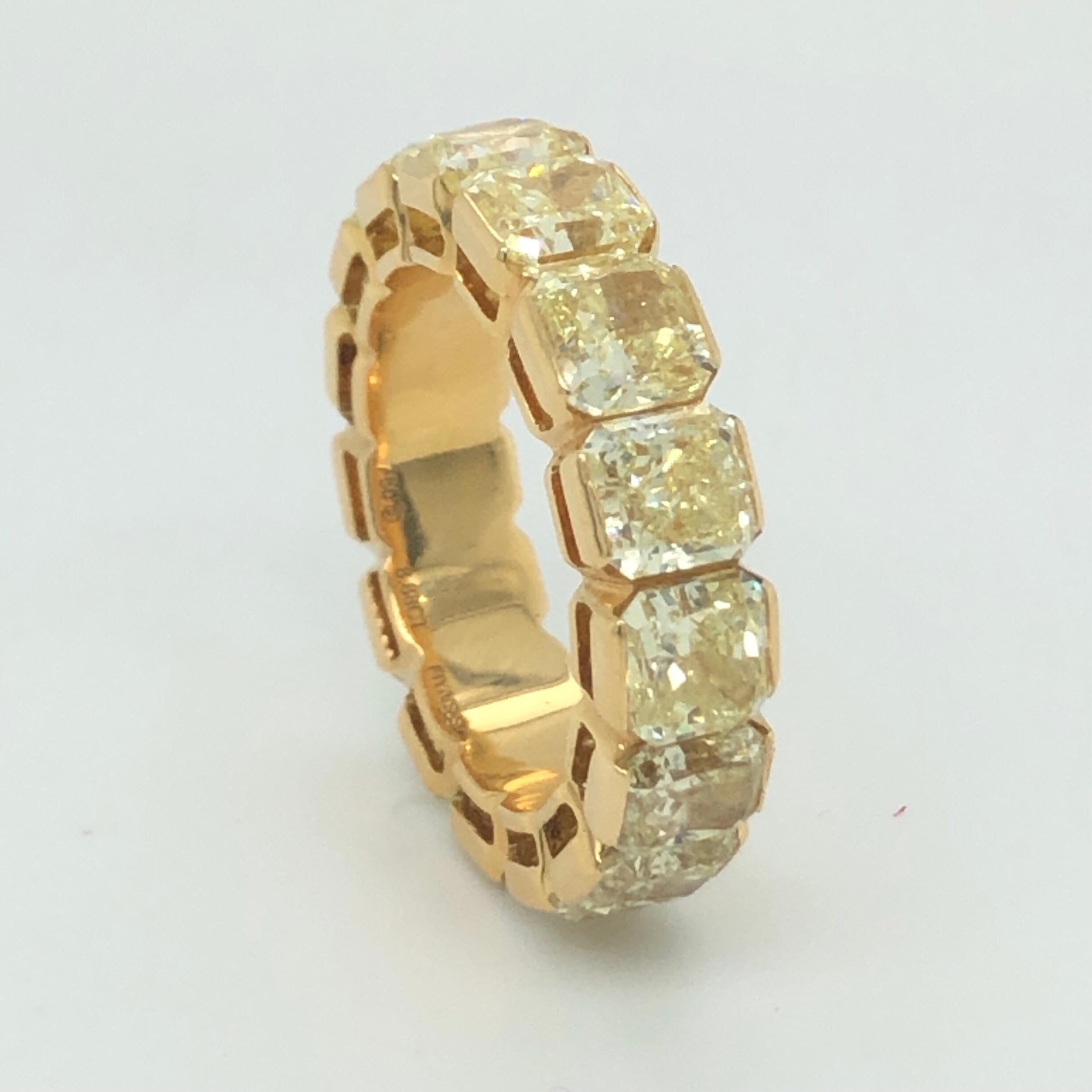 Radiant Cut 8.88 Carats Yellow Diamonds 18 Karat Yellow Gold Eternity Band Ring