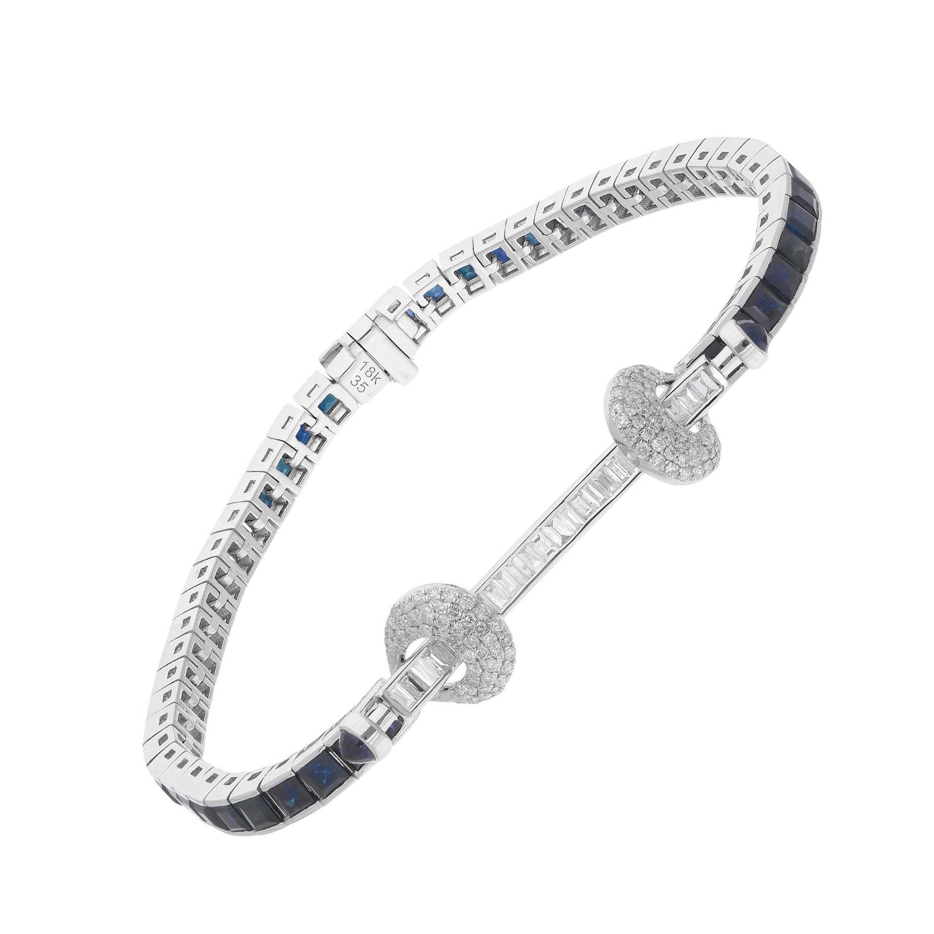 8.88TCW Zafiro Azul SI/H Diamante Barra Pulsera Oro Blanco 18k Joyería Fina