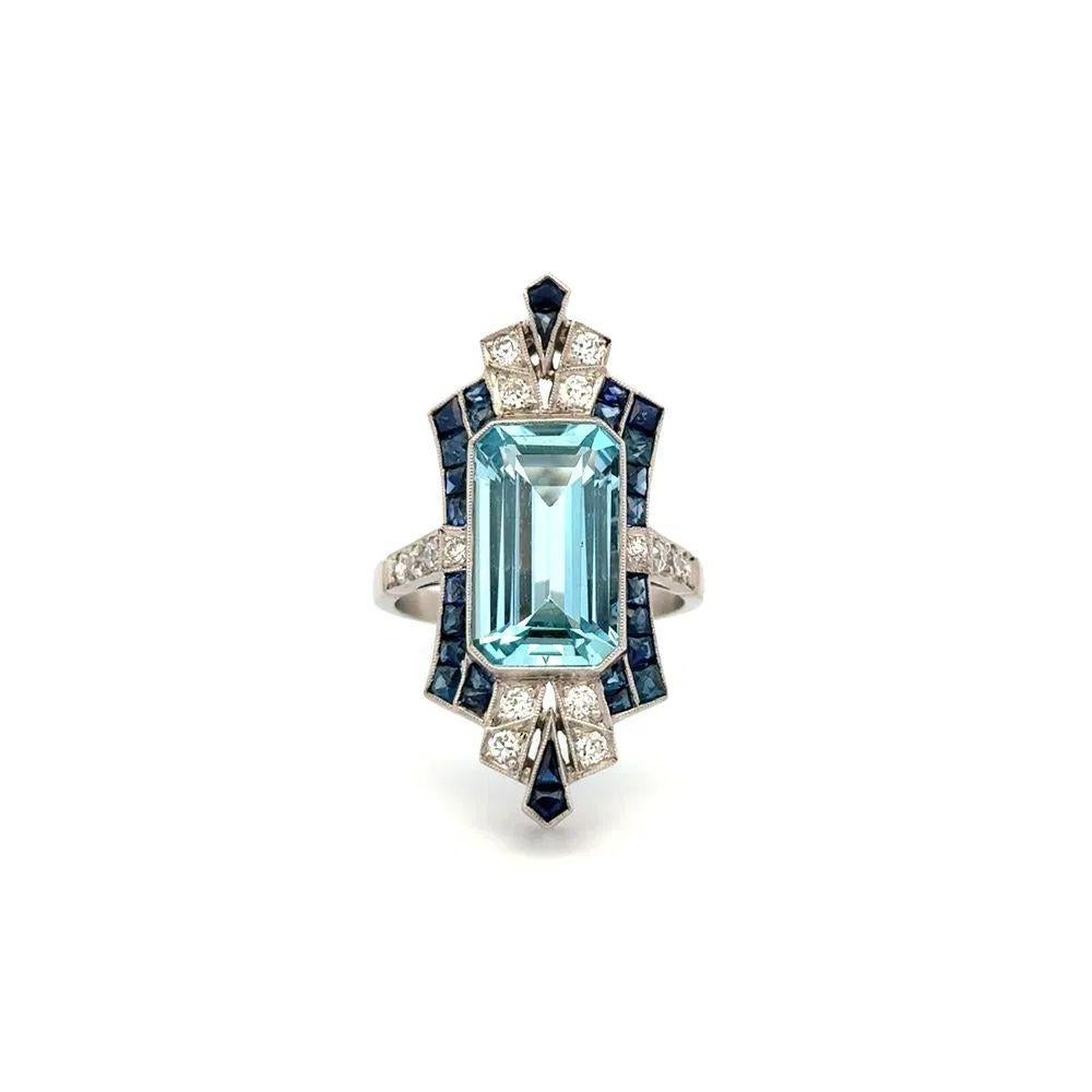 Anillo vintage en platino con aguamarina, zafiro y diamantes OEC de 8,89 quilates Corte mixto en venta