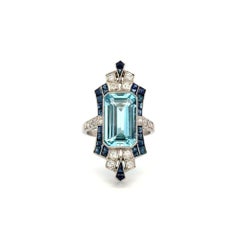 8.89 Carat Aquamarine, Sapphire and OEC Diamond Platinum Statement Vintage Ring